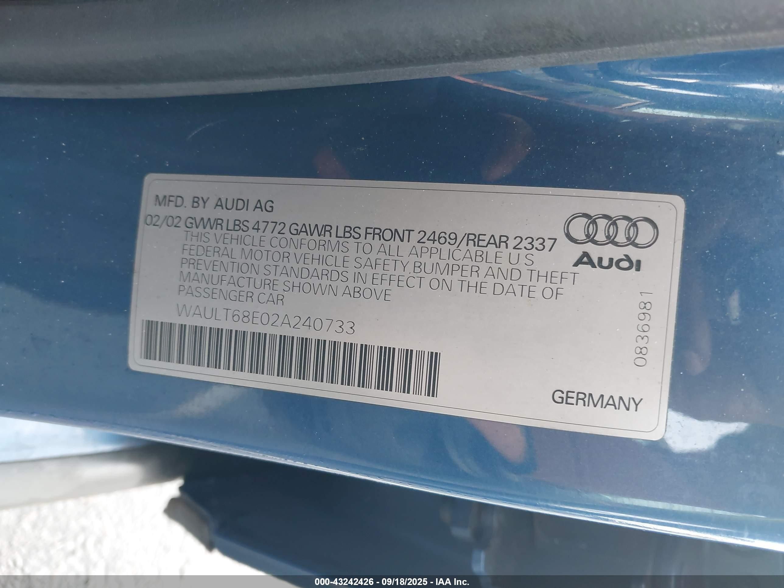 2002 Audi A4 3.0 Blue vin: WAULT68E02A240733