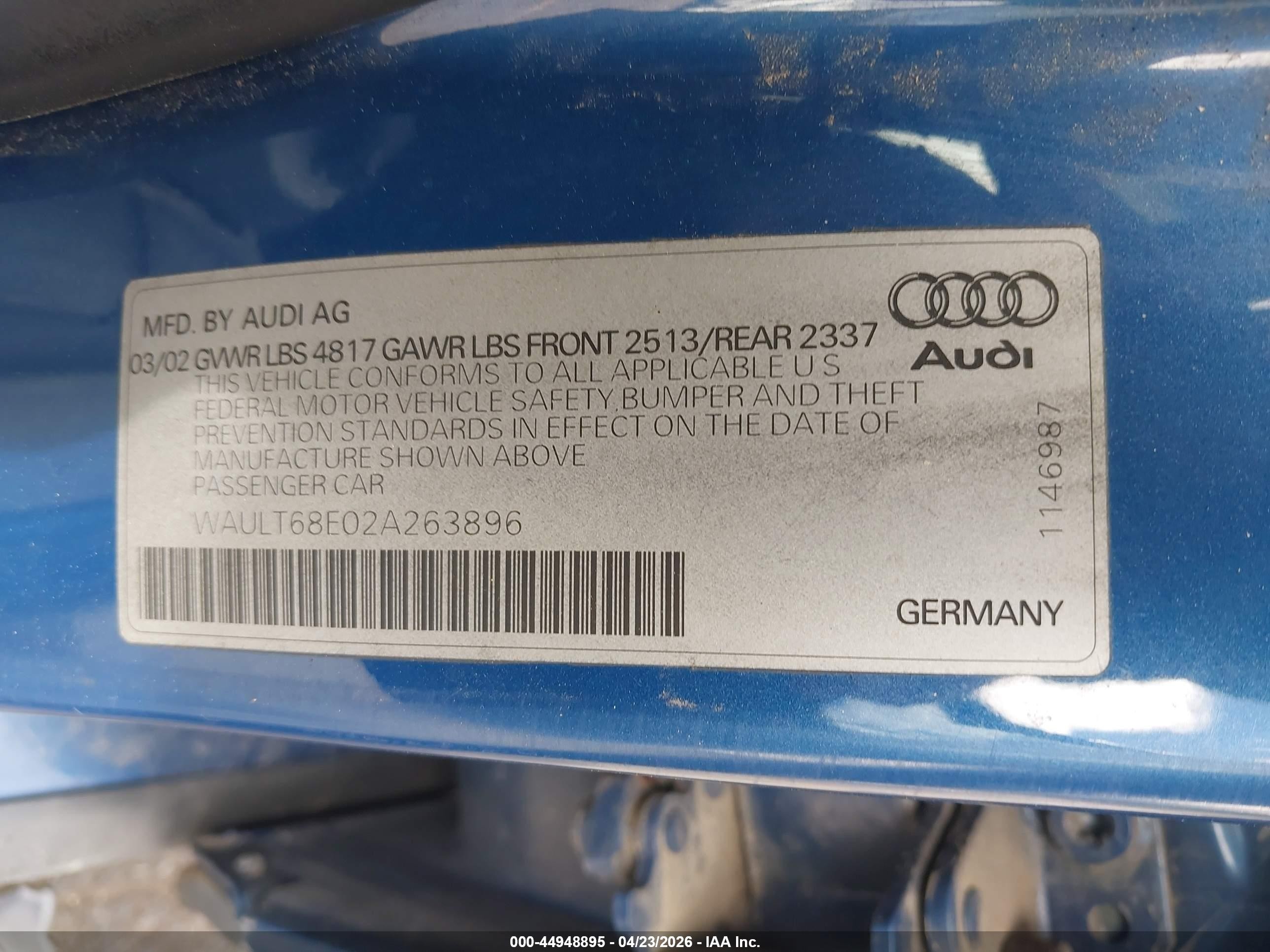 2002 Audi A4 3.0 Blue vin: WAULT68E02A263896