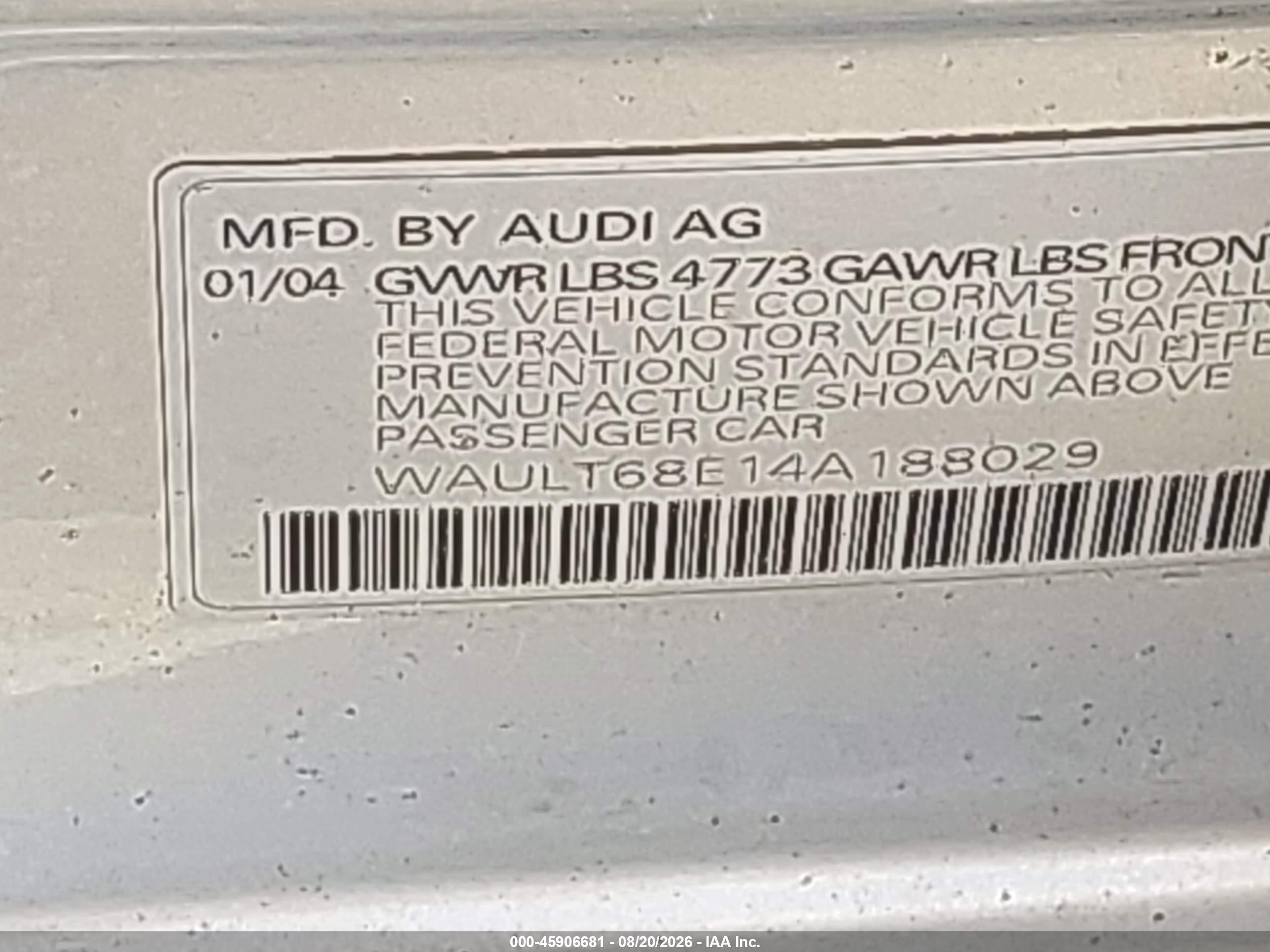 2004 Audi A4 3.0 Silver vin: WAULT68E14A188029