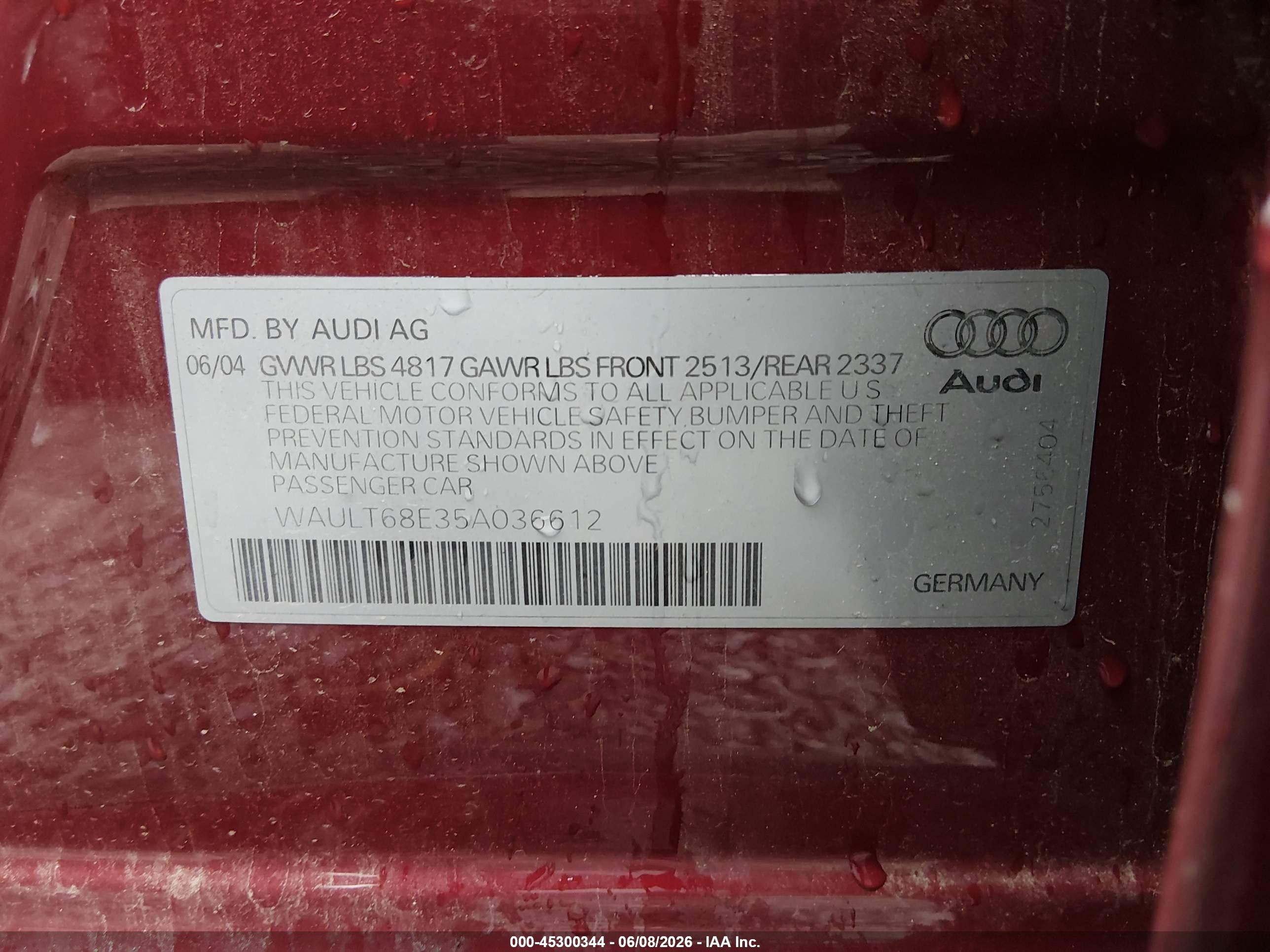 2005 Audi A4 3.0/3.0 Special Edition Red vin: WAULT68E35A036612