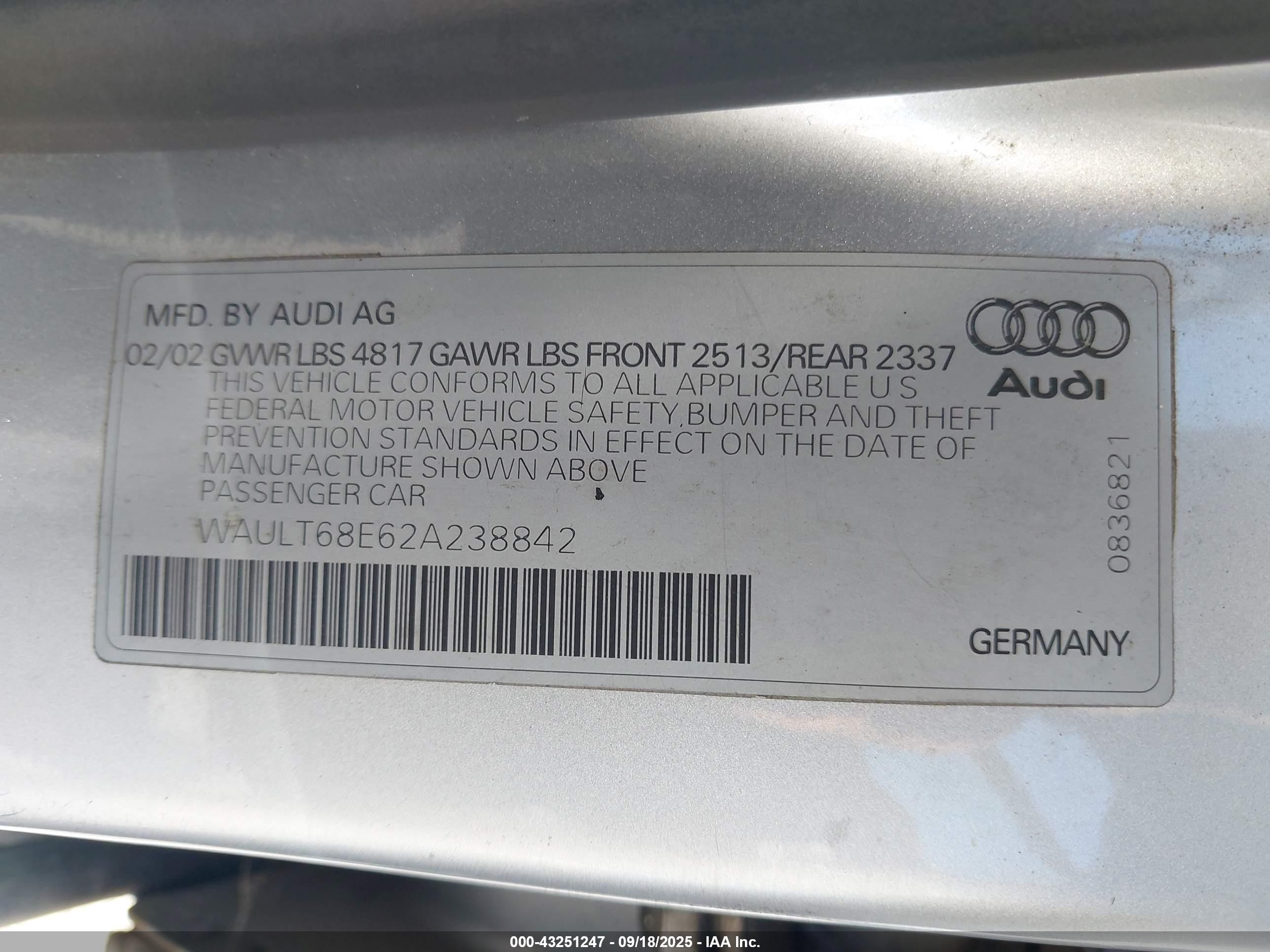 2002 Audi A4 3.0 Silver vin: WAULT68E62A238842