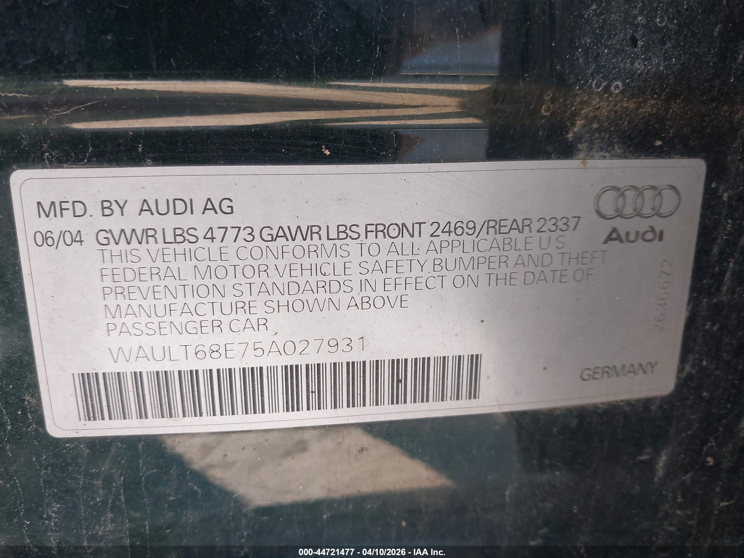 2005 Audi A4 3.0/3.0 Special Edition Green vin: WAULT68E75A027931