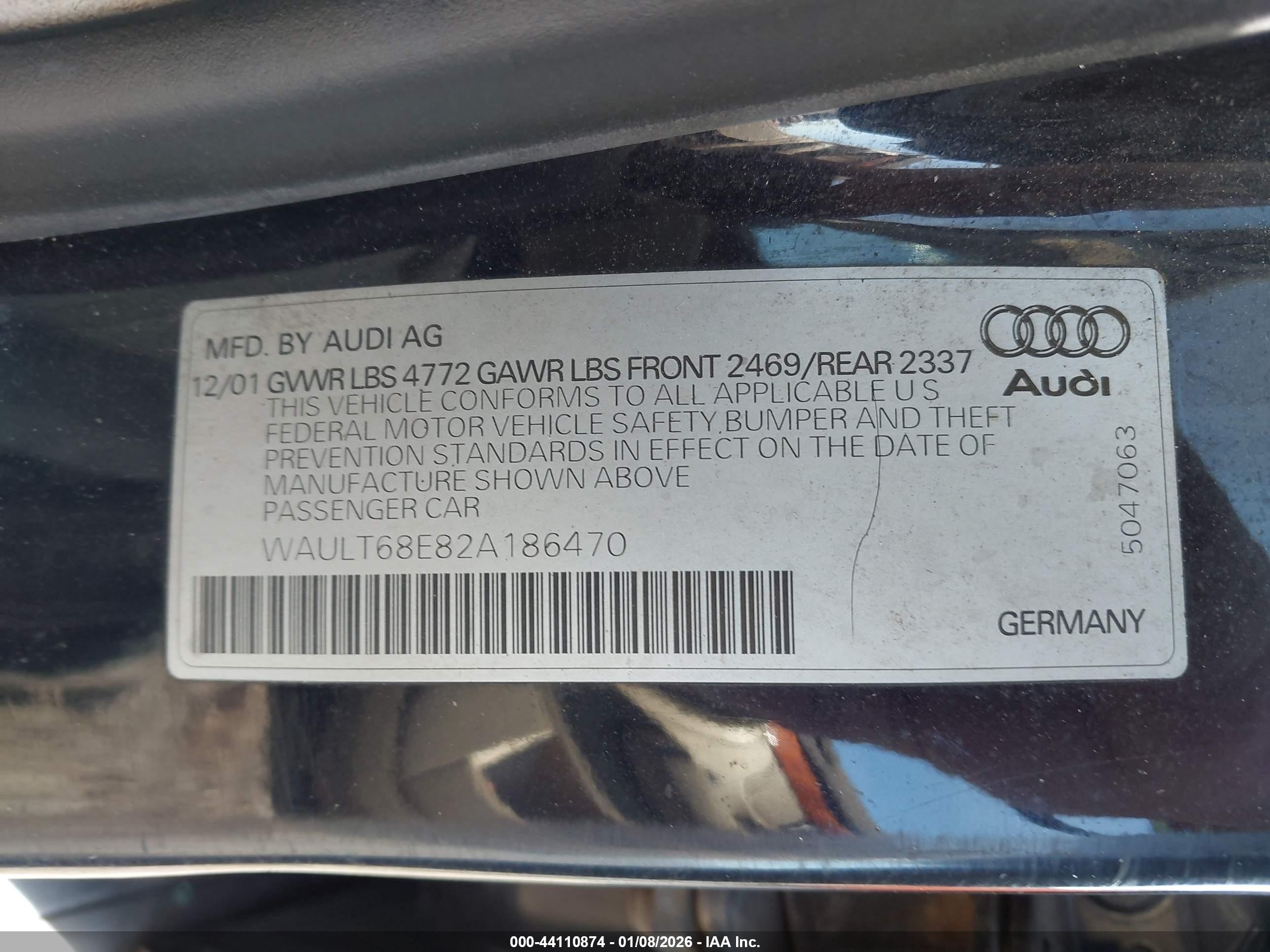 2002 Audi A4 3.0 Black vin: WAULT68E82A186470