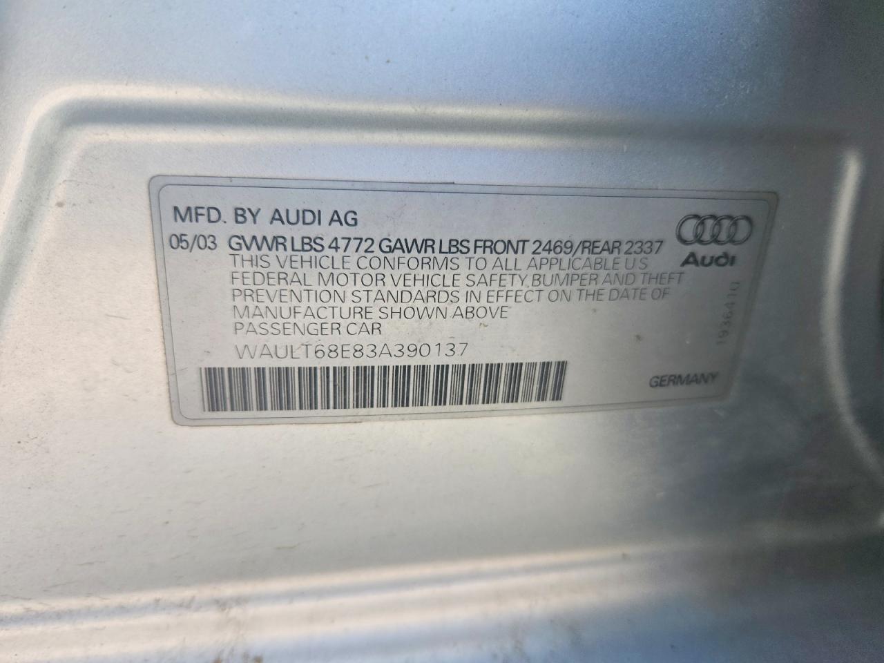 2003 Audi A4 3.0 Quattro Silver vin: WAULT68E83A390137