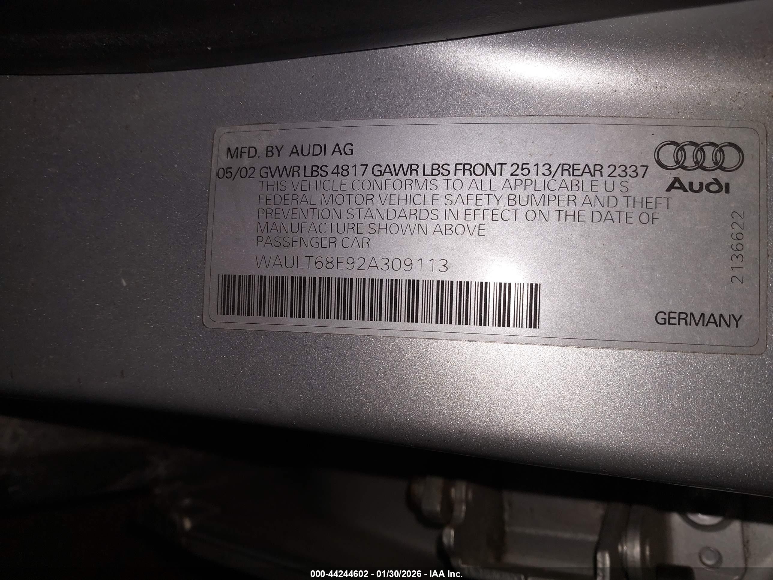 2002 Audi A4 3.0 Silver vin: WAULT68E92A309113