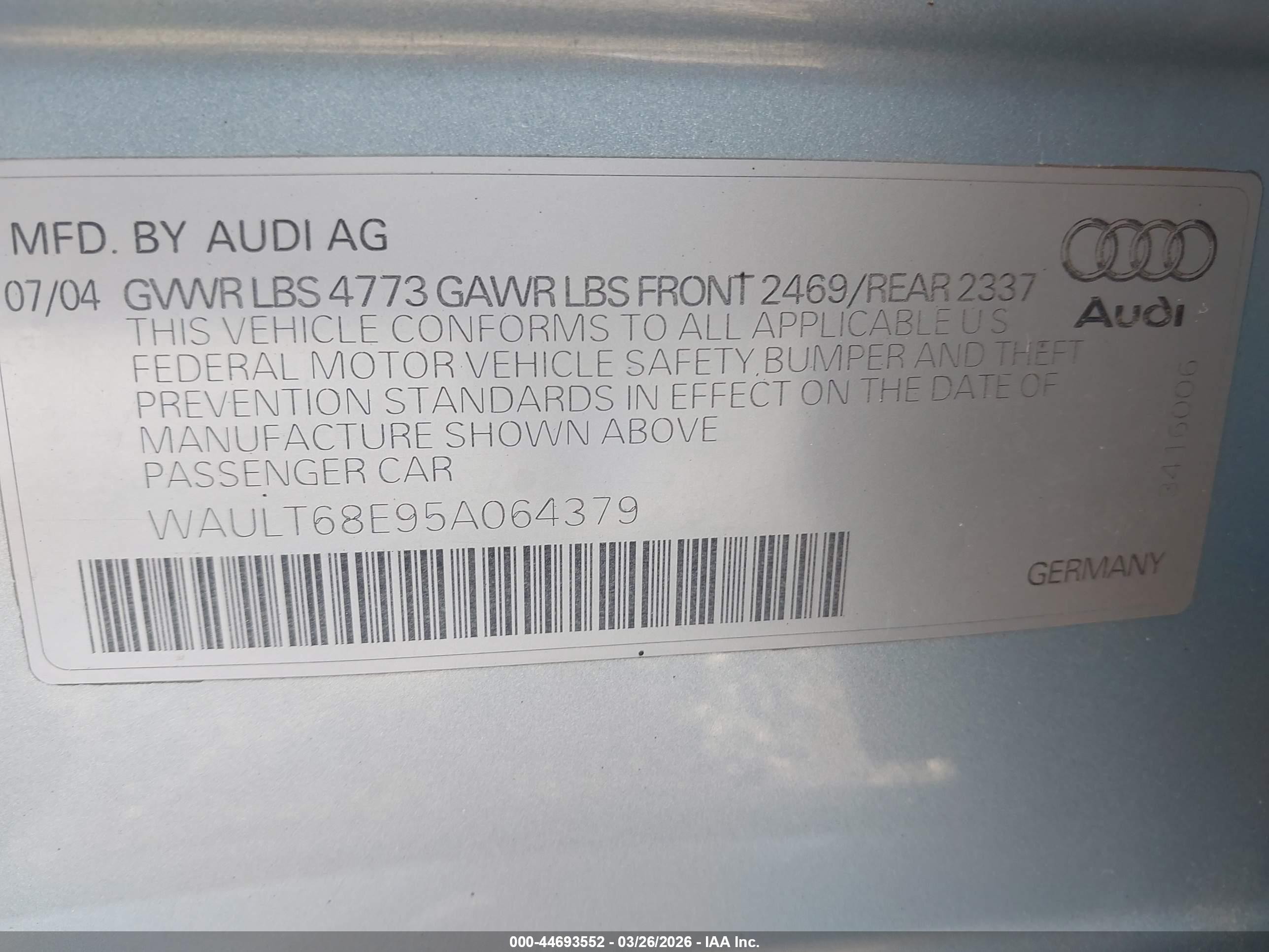 2005 Audi A4 3.0/3.0 Special Edition Light Blue vin: WAULT68E95A064379