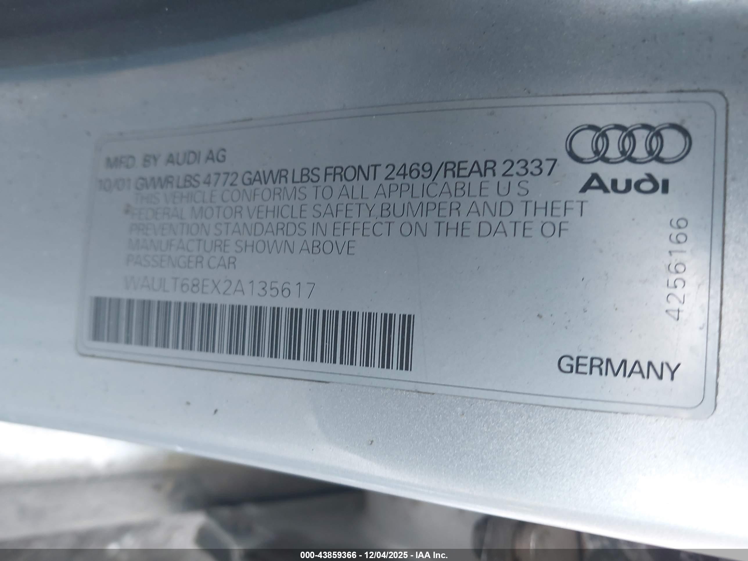 2002 Audi A4 3.0 Silver vin: WAULT68EX2A135617
