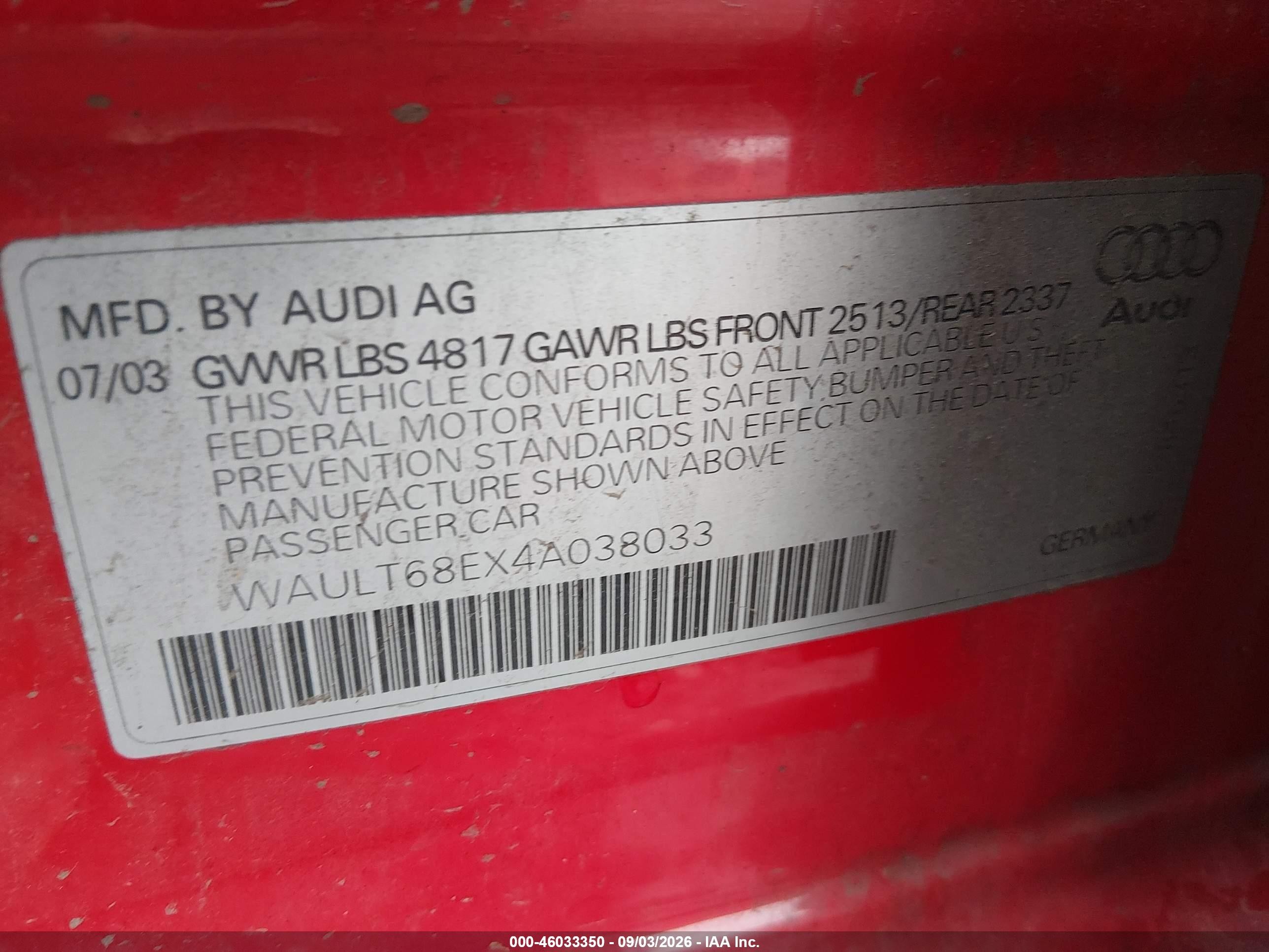 2004 Audi A4 3.0 Красный vin: WAULT68EX4A038033