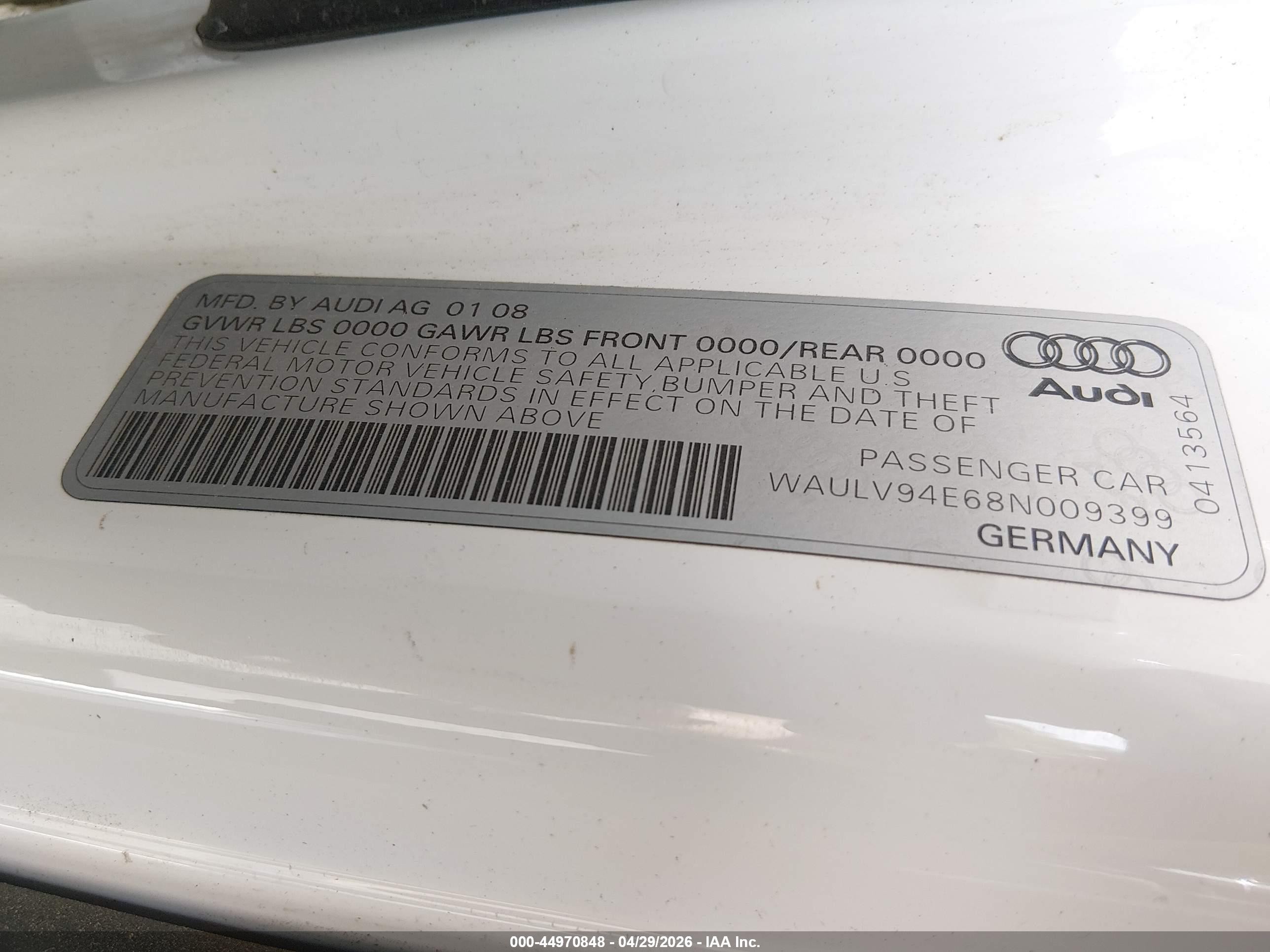 2008 Audi A8 4.2 Black vin: WAULV94E68N009399
