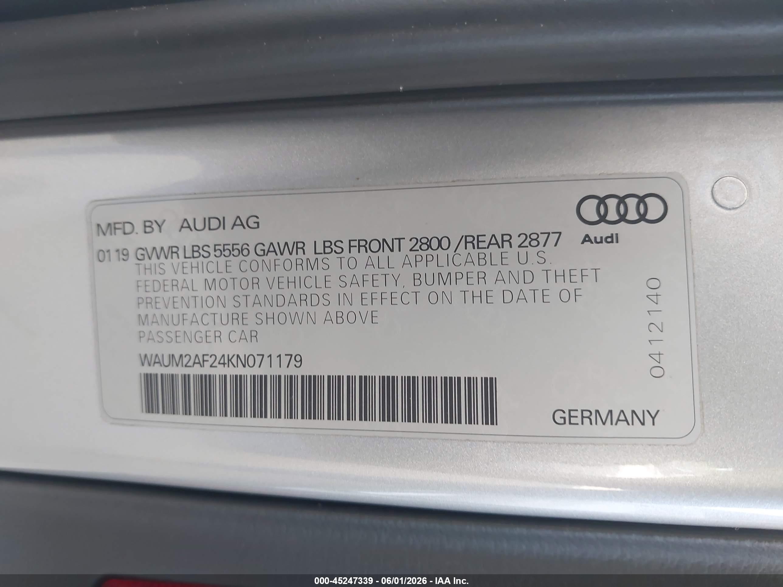 2019 Audi A6 55 Premium Серебряный vin: WAUM2AF24KN071179
