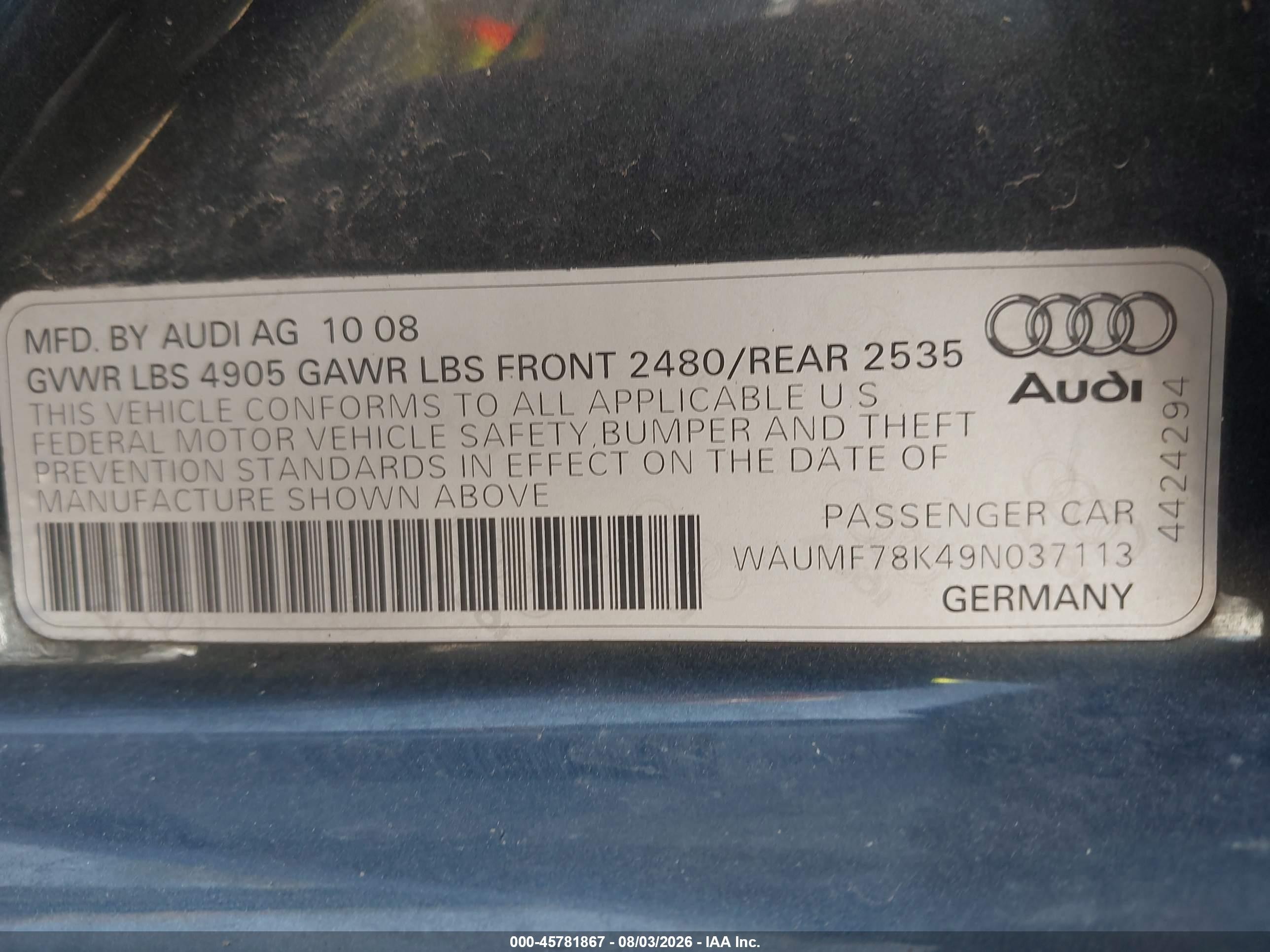 2009 Audi A4 2.0t Premium Gray vin: WAUMF78K49N037113