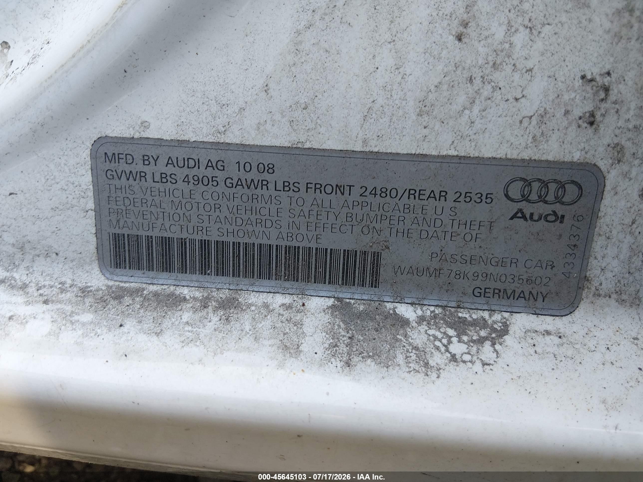 2009 Audi A4 2.0t Premium White vin: WAUMF78K99N035602
