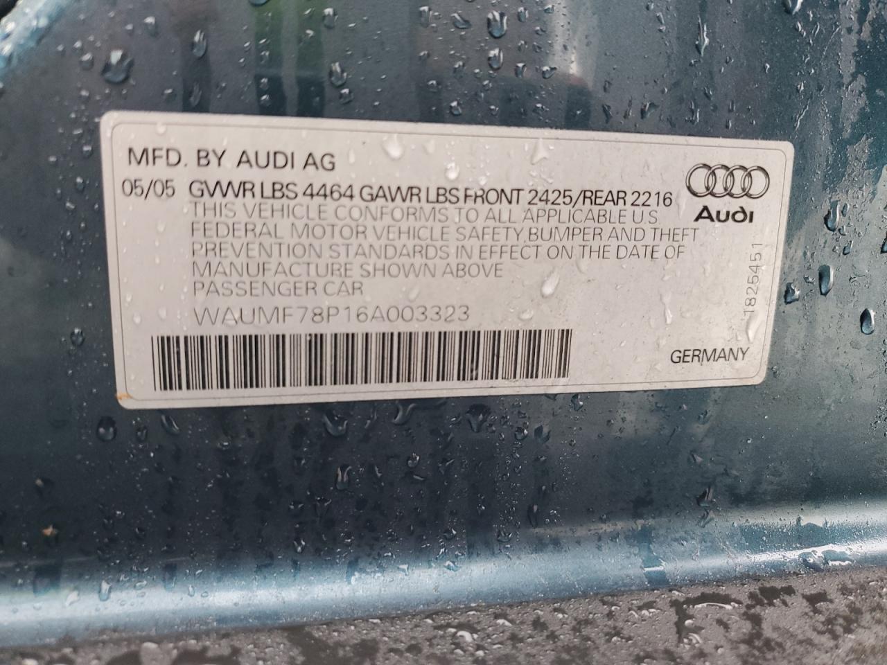 2006 Audi A3 2.0 Sport Teal vin: WAUMF78P16A003323
