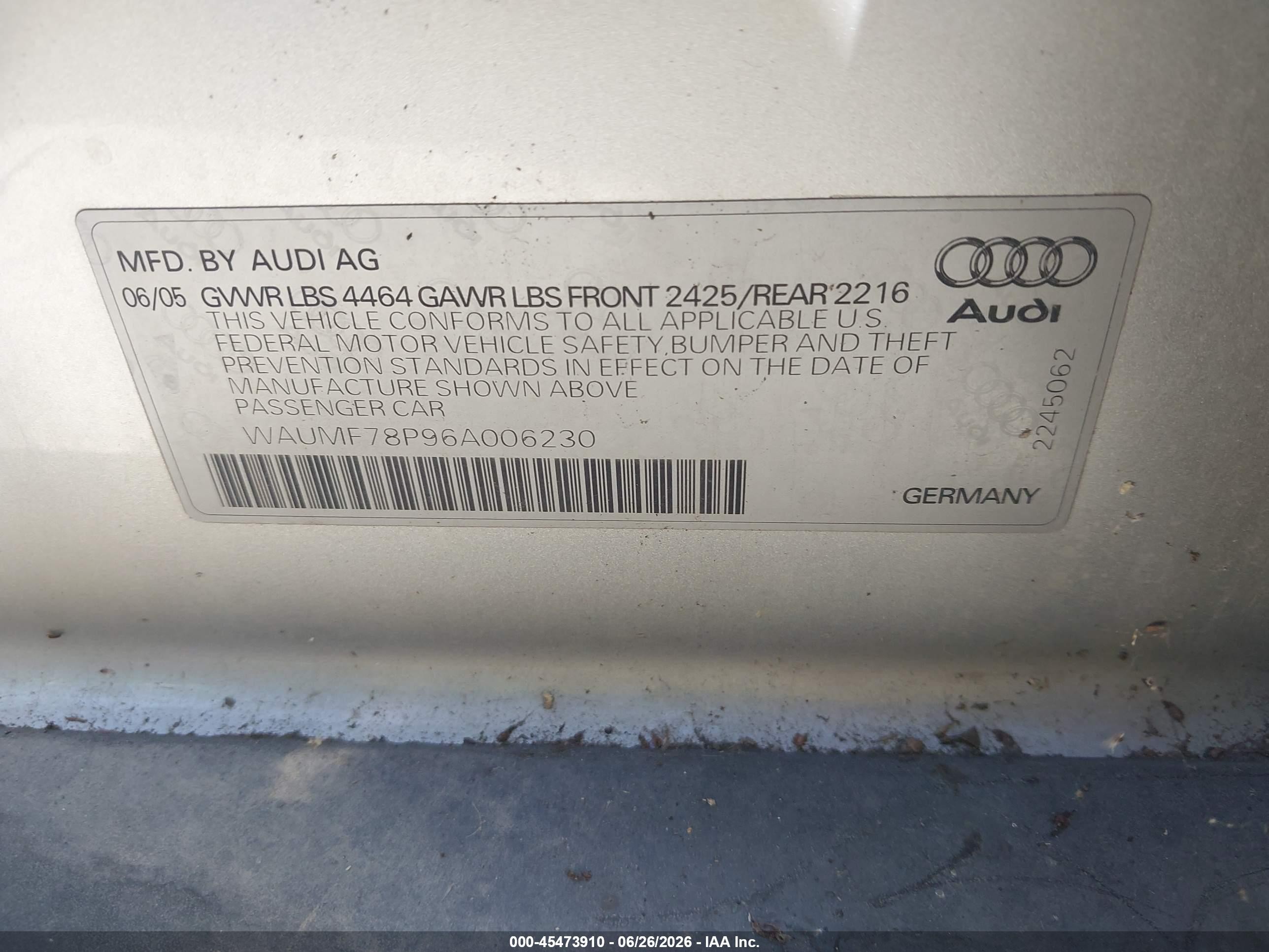 2006 Audi A3 2.0t Серый vin: WAUMF78P96A006230