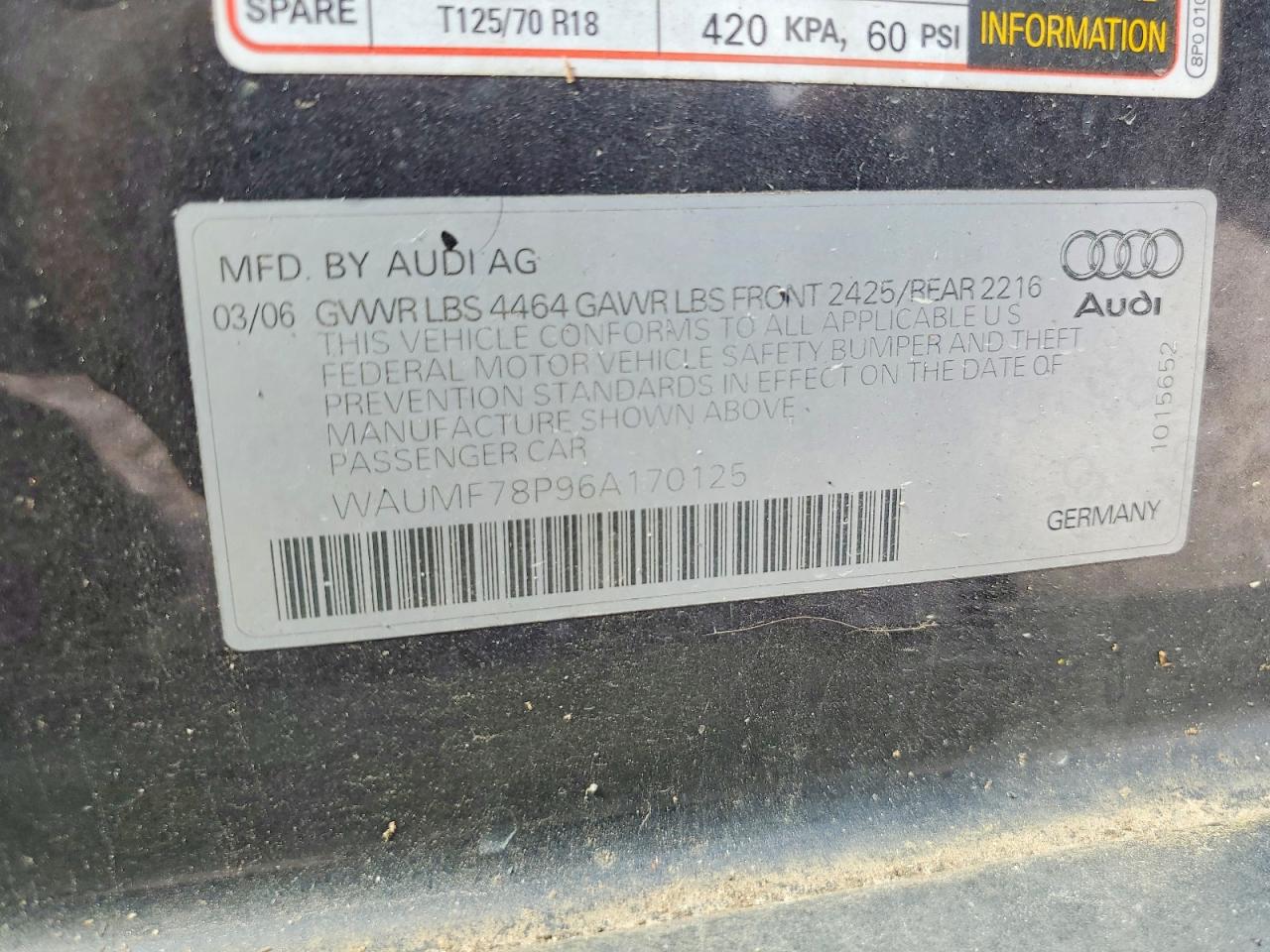 2006 Audi A3 2.0 Sport Charcoal vin: WAUMF78P96A170125