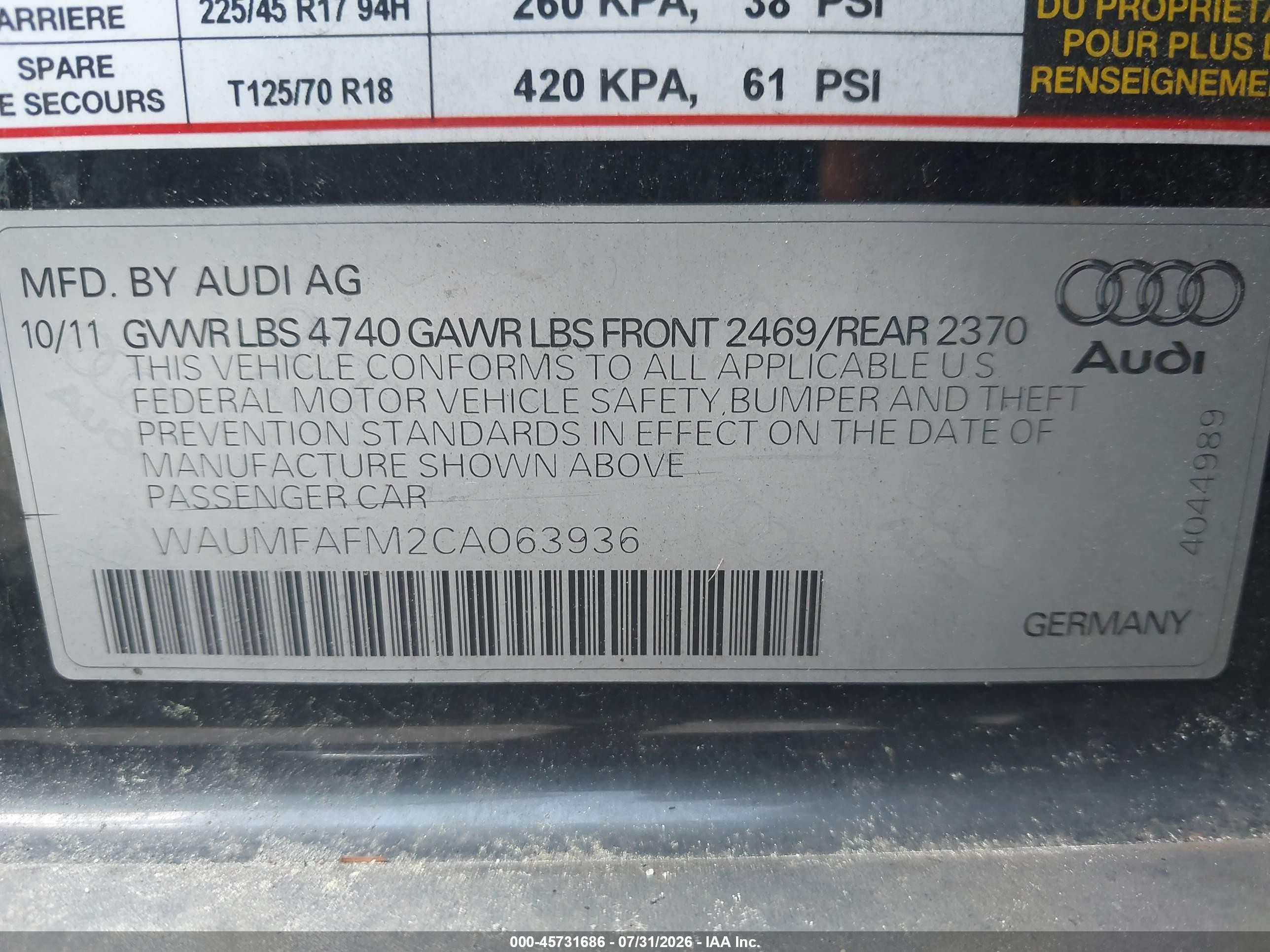 2012 Audi A3 2.0t Premium Plus Black vin: WAUMFAFM2CA063936