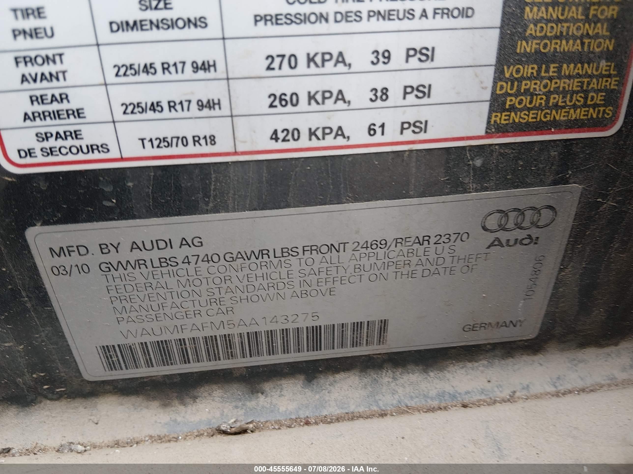 2010 Audi A3 2.0t Premium Teal vin: WAUMFAFM5AA143275