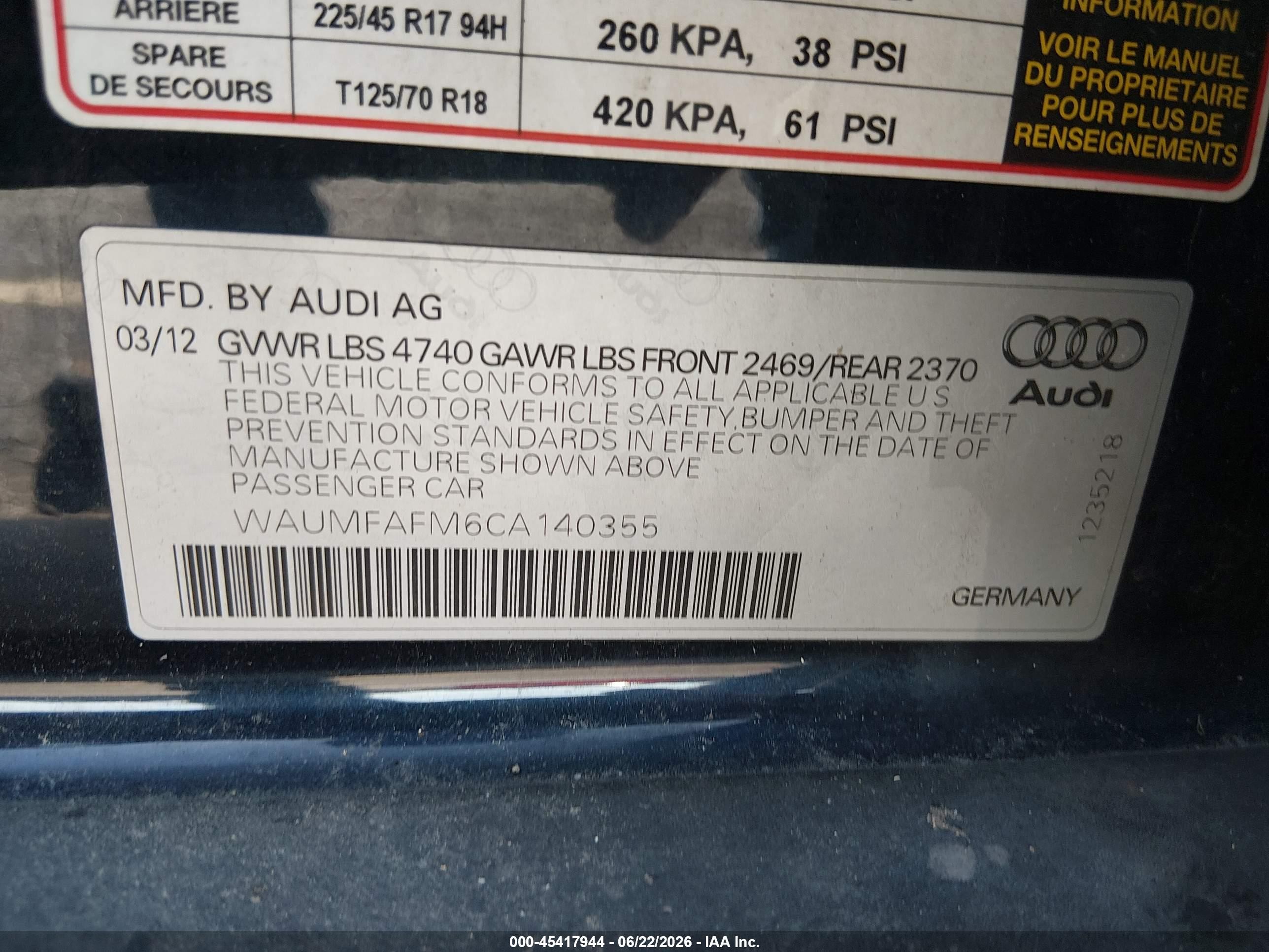 2012 Audi A3 2.0t Premium Plus Blue vin: WAUMFAFM6CA140355