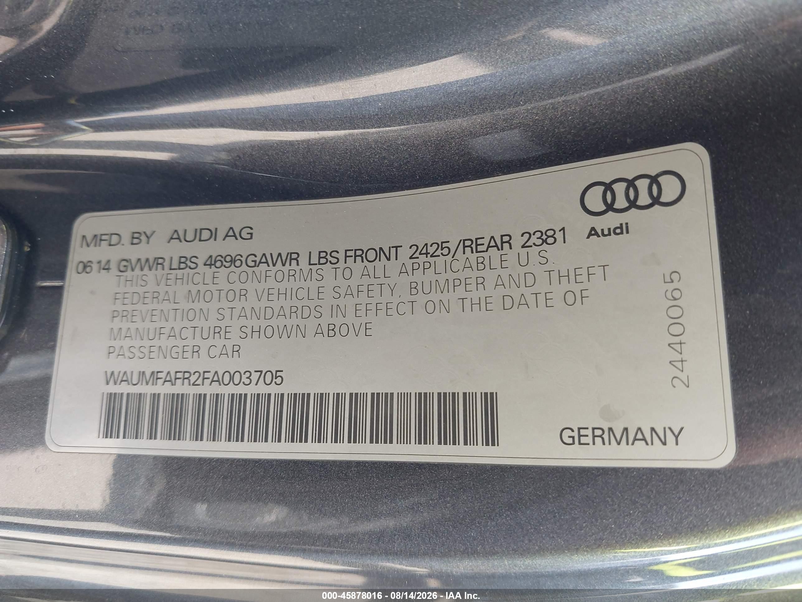 2015 Audi A5 2.0t Premium Серый vin: WAUMFAFR2FA003705