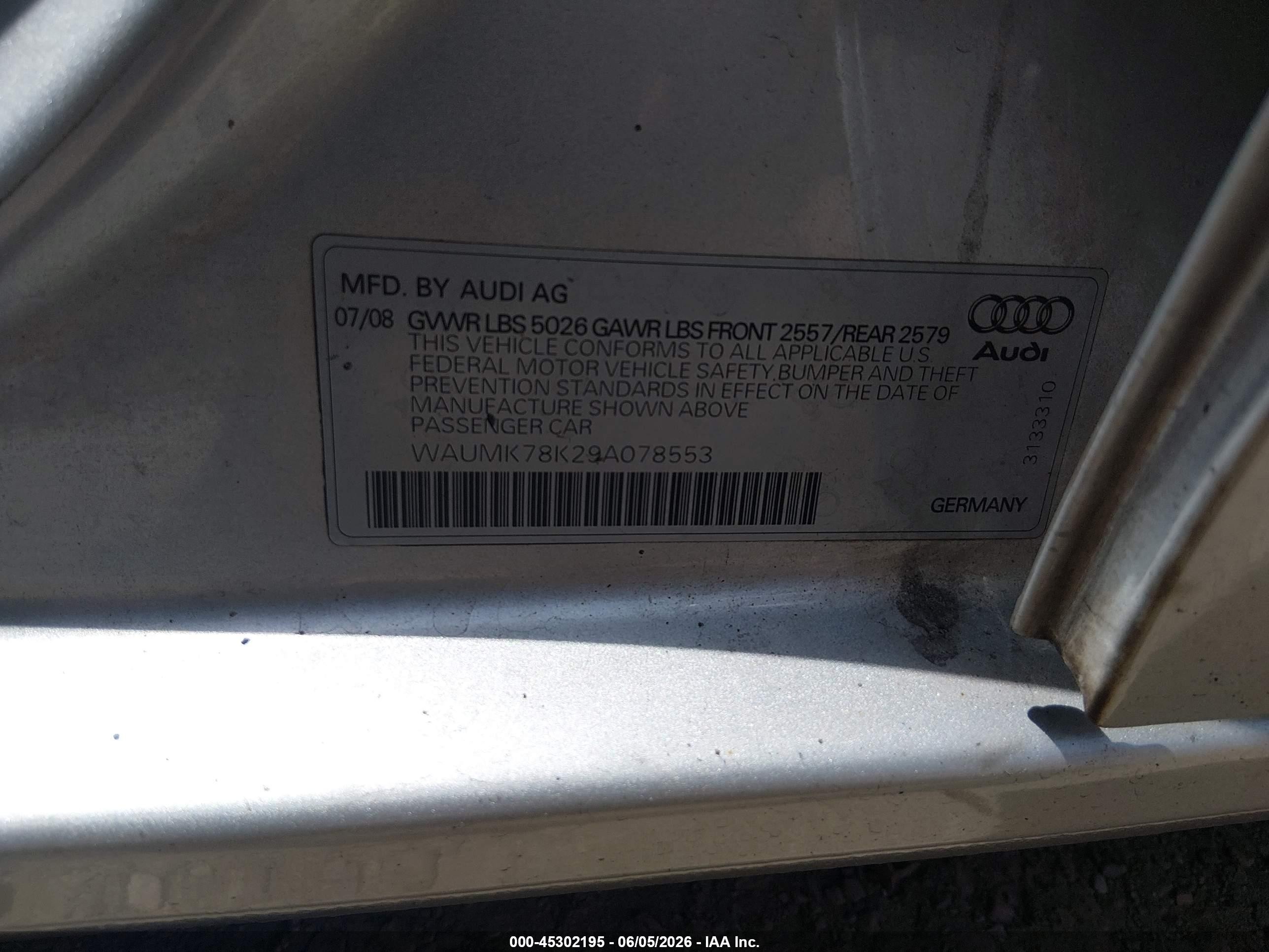2009 Audi A4 3.2 Premium Plus Silver vin: WAUMK78K29A078553