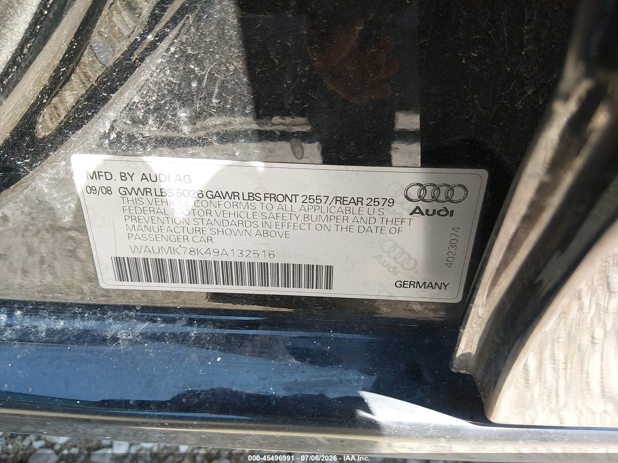 2009 Audi A4 3.2 Premium Plus Black vin: WAUMK78K49A132516