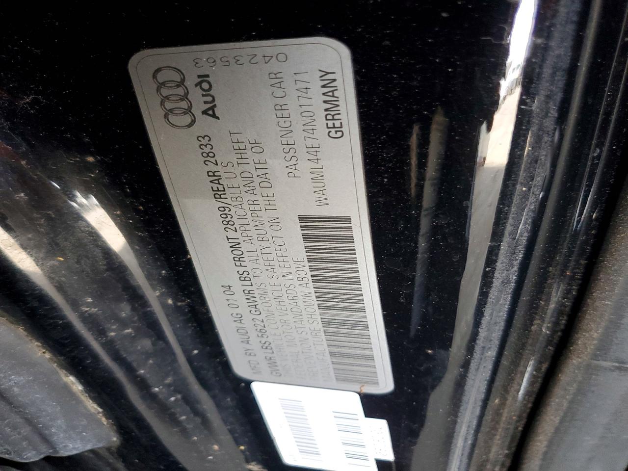 2004 Audi A8 L Quattro Black vin: WAUML44E74N017471