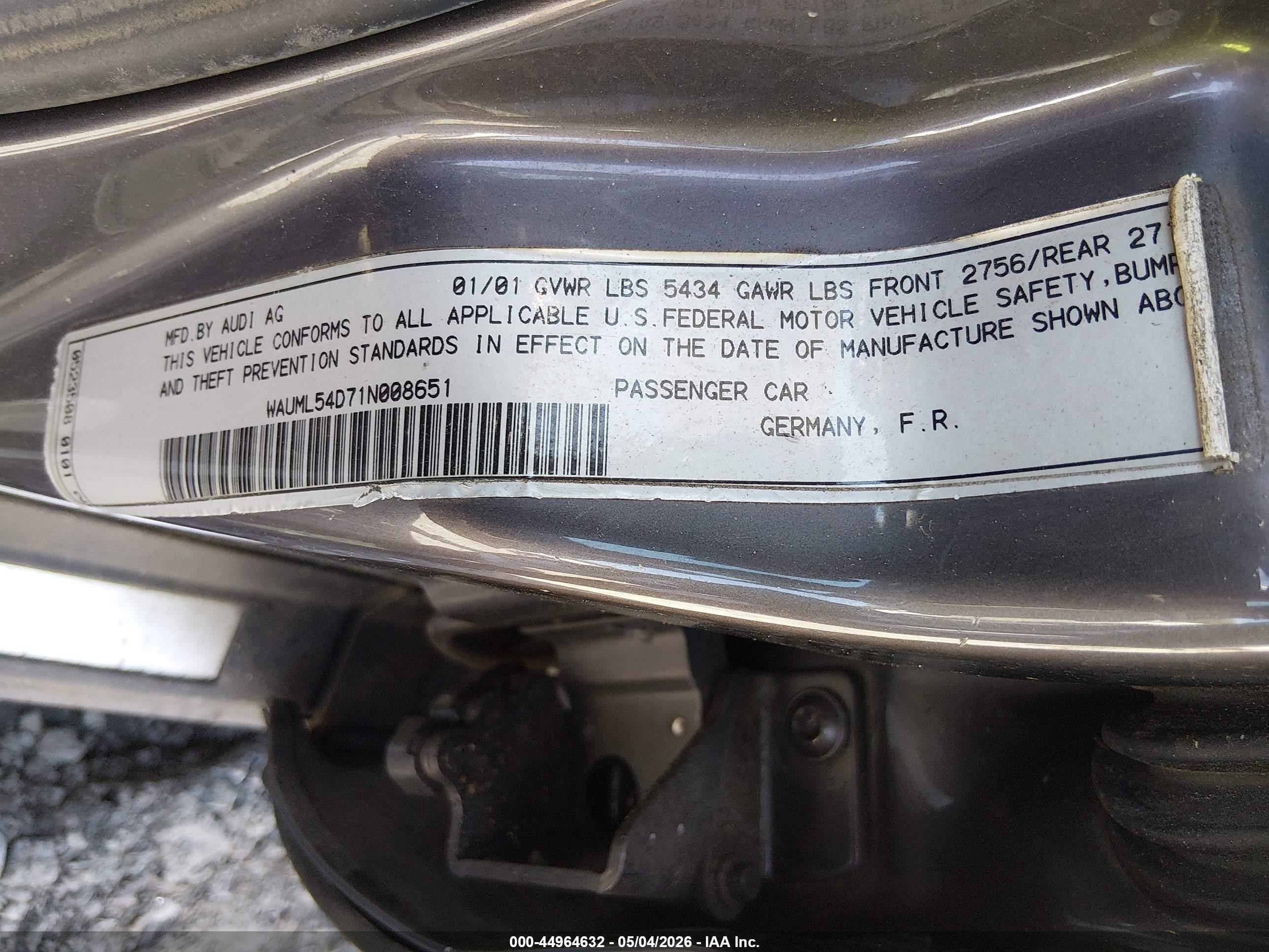 2001 Audi A8 4.2 Pewter vin: WAUML54D71N008651