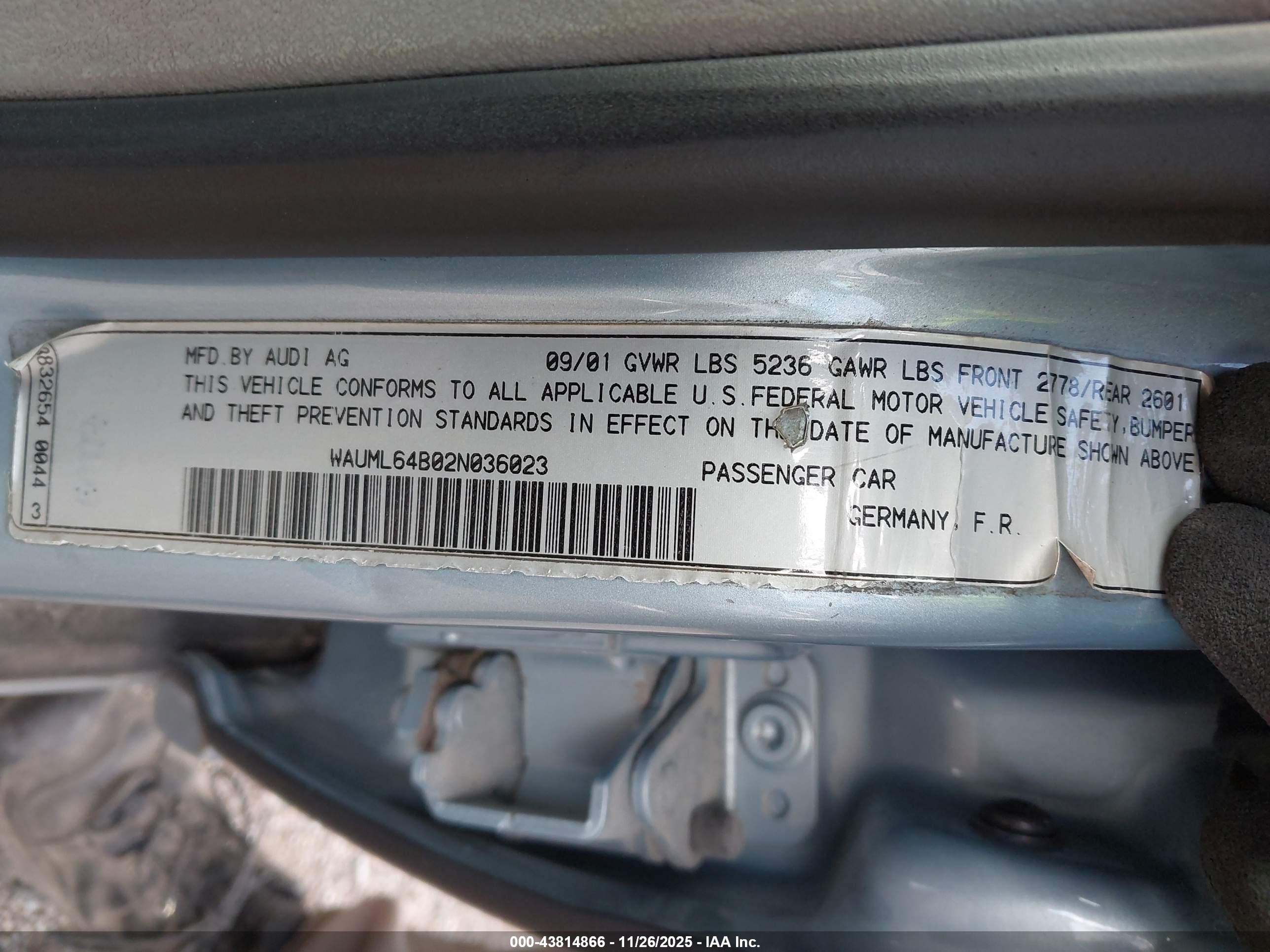 2002 Audi A6 4.2l Light Blue vin: WAUML64B02N036023