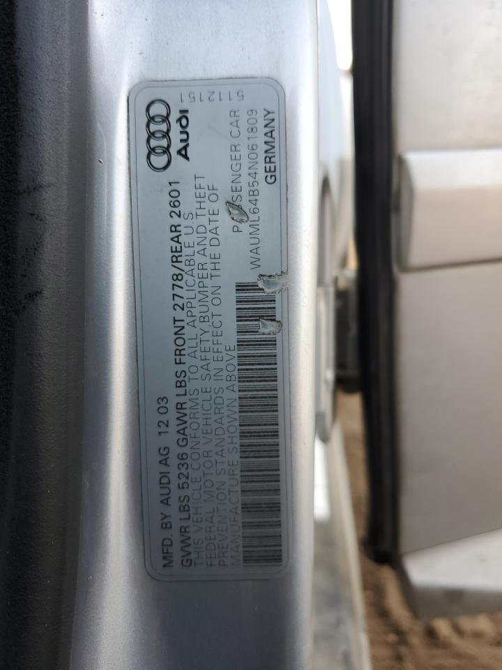 2004 Audi A6 4.2 Quattro Silver vin: WAUML64B54N061809