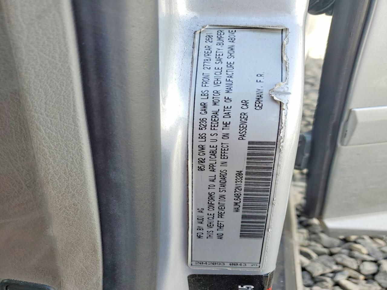 2002 Audi A6 4.2 Quattro Silver vin: WAUML64B72N133204