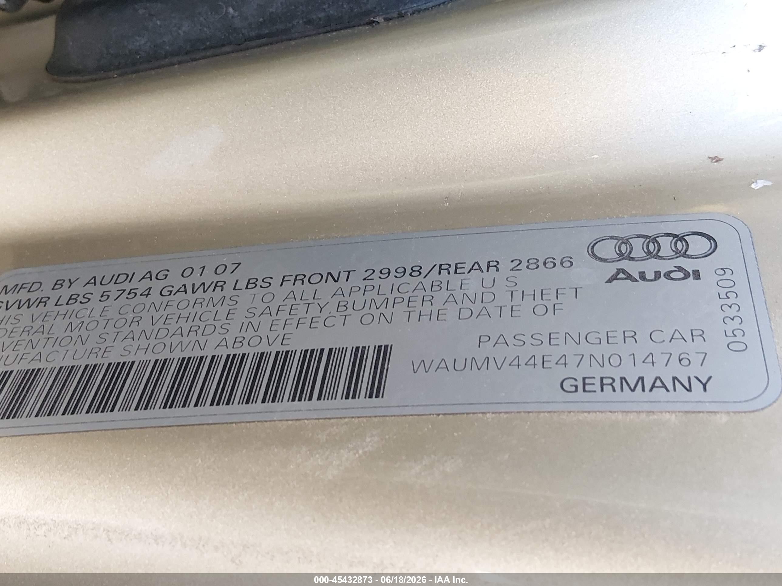 2007 Audi A8 L 4.2 Champagne vin: WAUMV44E47N014767