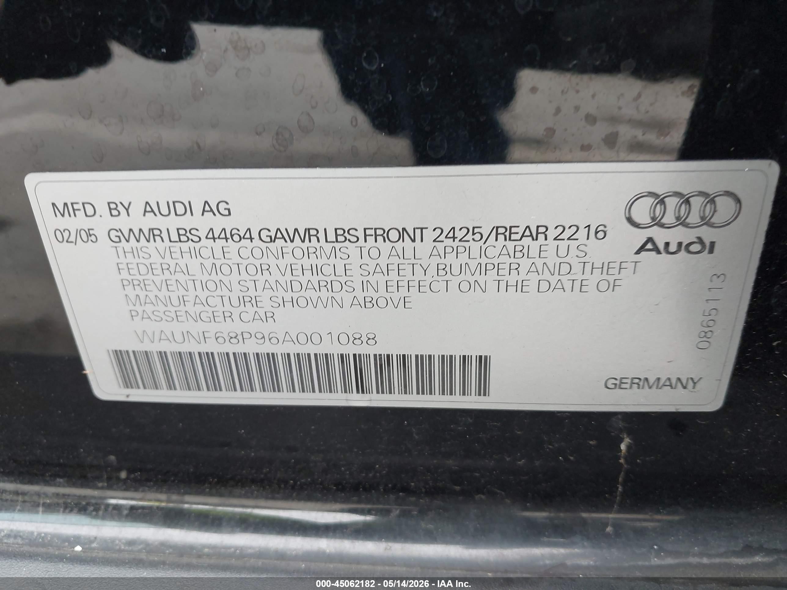 2006 Audi A3 2.0t Black vin: WAUNF68P96A001088