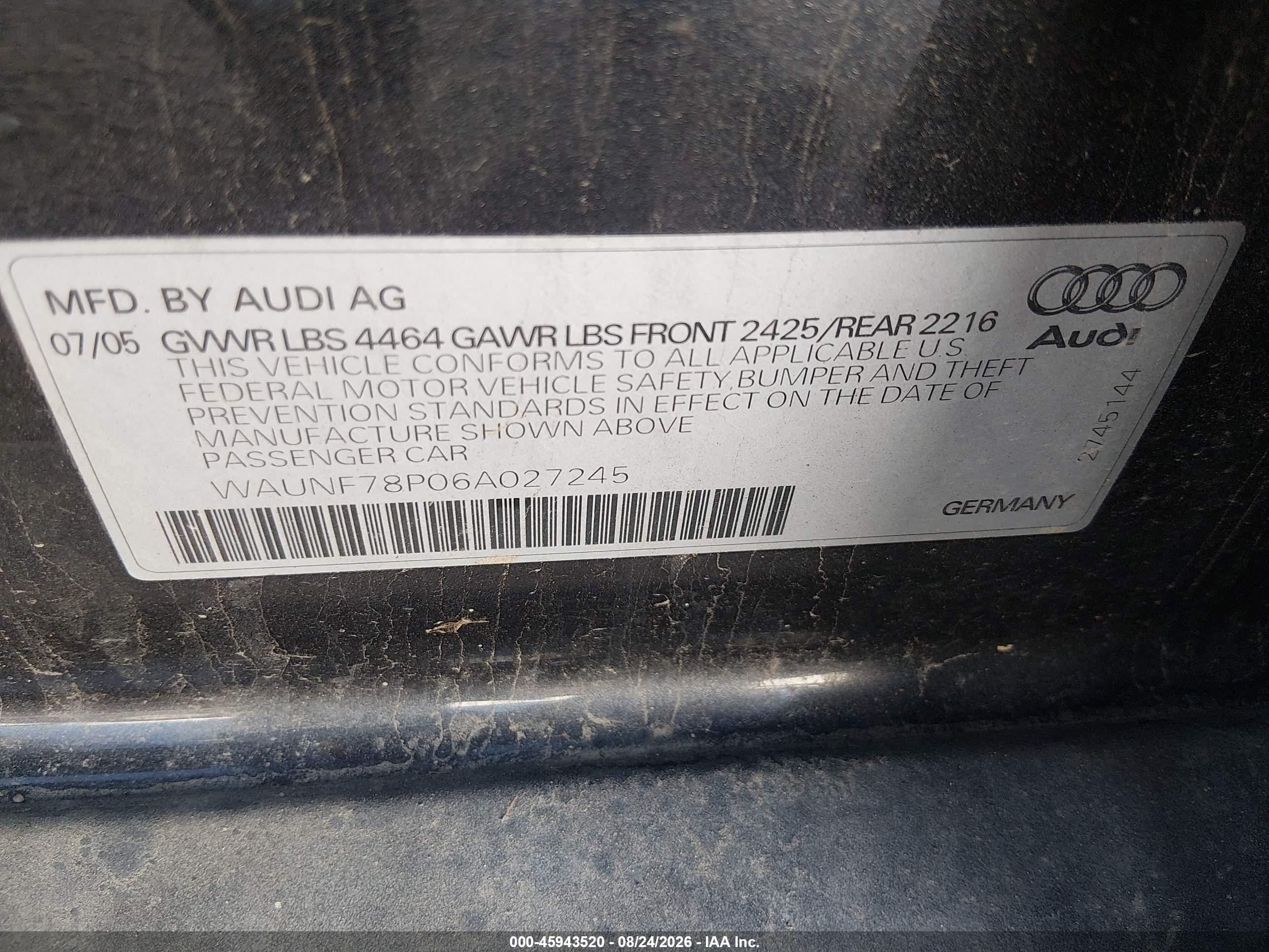 2006 Audi A3 2.0t Black vin: WAUNF78P06A027245