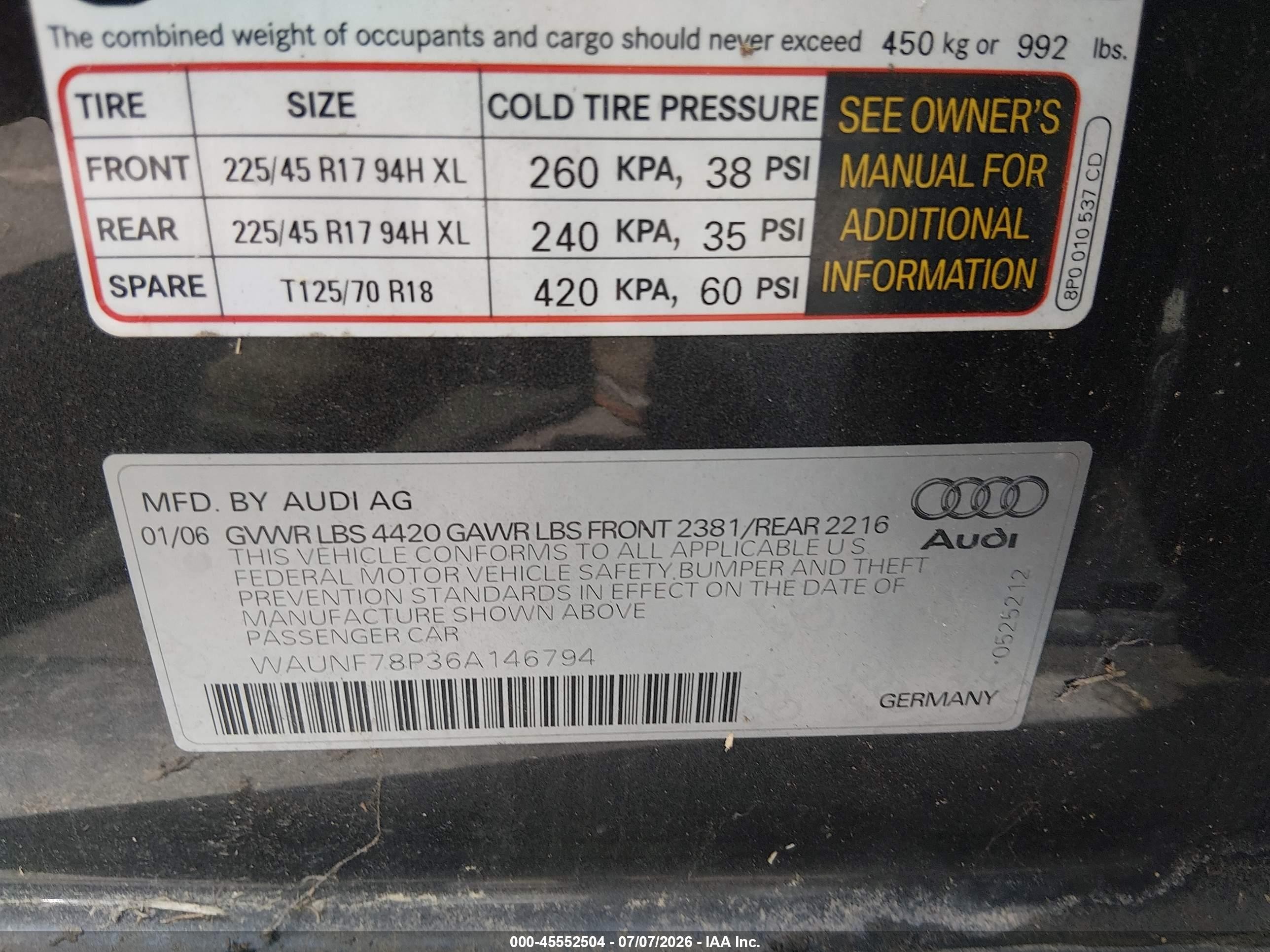 2006 Audi A3 2.0t Black vin: WAUNF78P36A146794