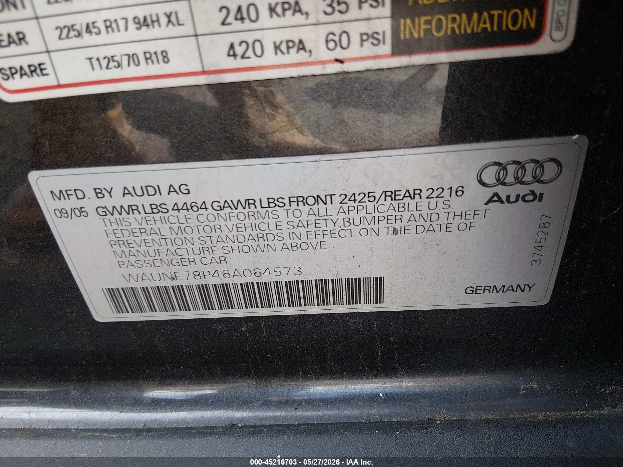 2006 Audi A3 2.0t Gray vin: WAUNF78P46A064573