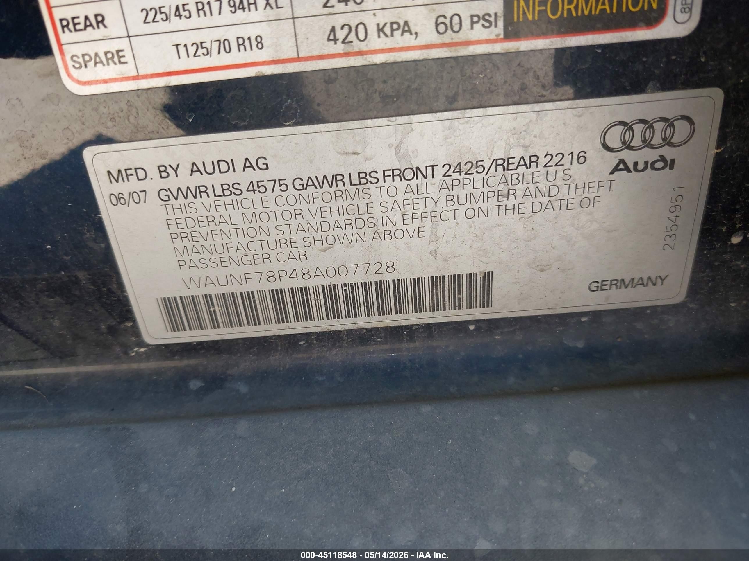 2008 Audi A3 2.0t Blue vin: WAUNF78P48A007728