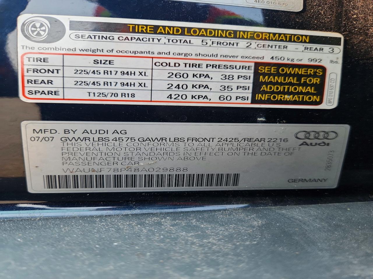 2008 Audi A3 2.0 Premium Blue vin: WAUNF78P48A029888