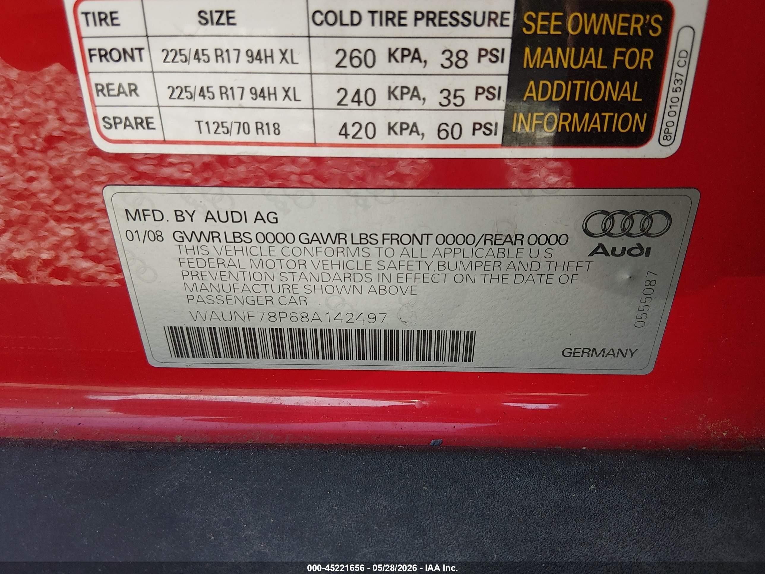 2008 Audi A3 2.0t Red vin: WAUNF78P68A142497