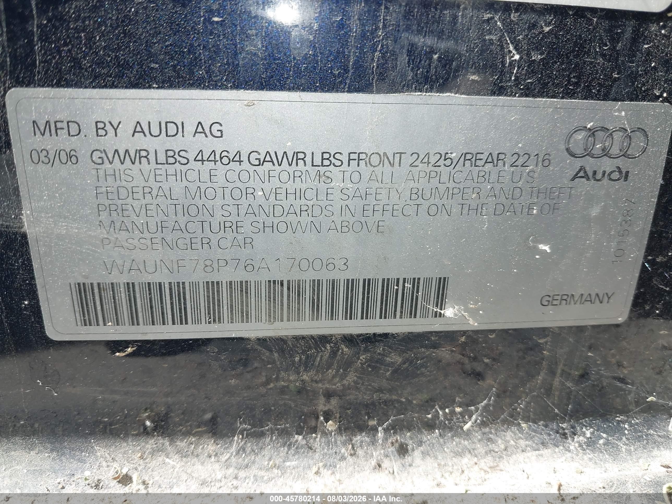 2006 Audi A3 2.0t Синий vin: WAUNF78P76A170063