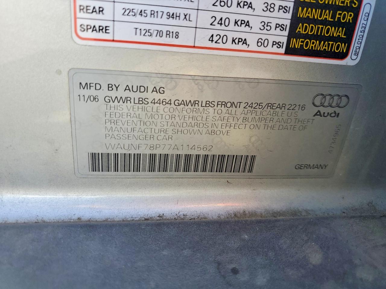 2007 Audi A3 Silver vin: WAUNF78P77A114562