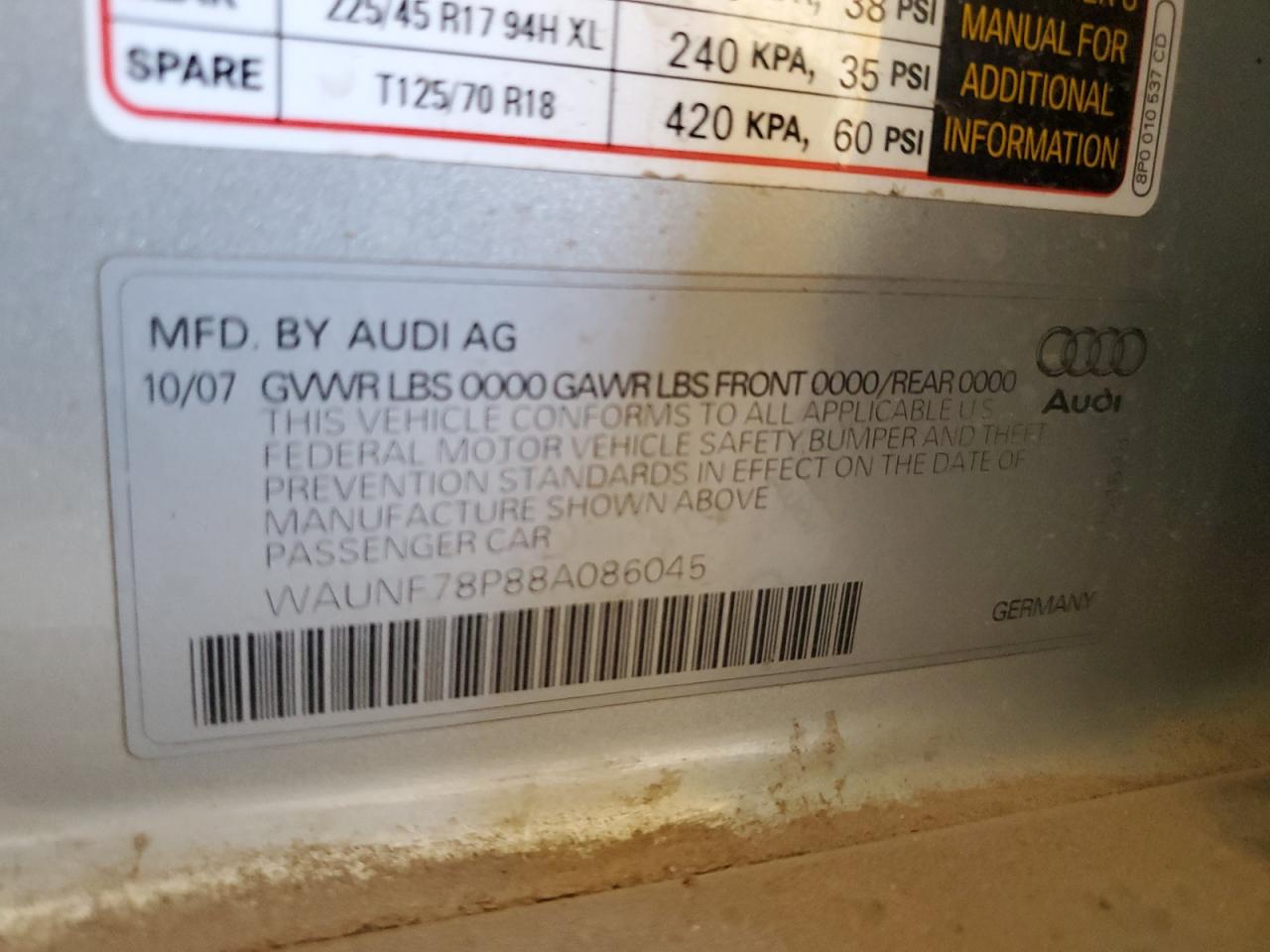 2008 Audi A3 2.0 Premium Silver vin: WAUNF78P88A086045