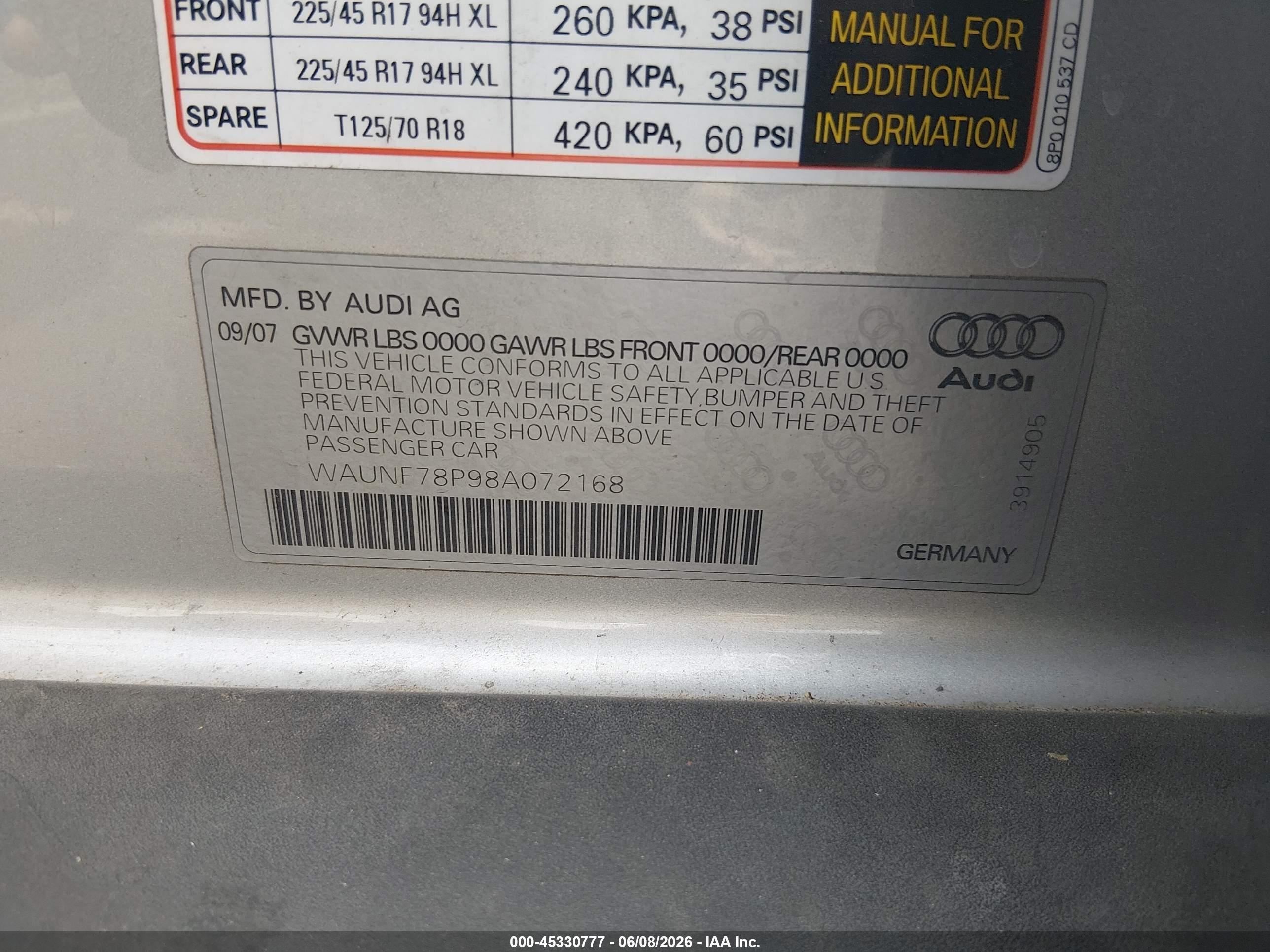 2008 Audi A3 2.0t Silver vin: WAUNF78P98A072168