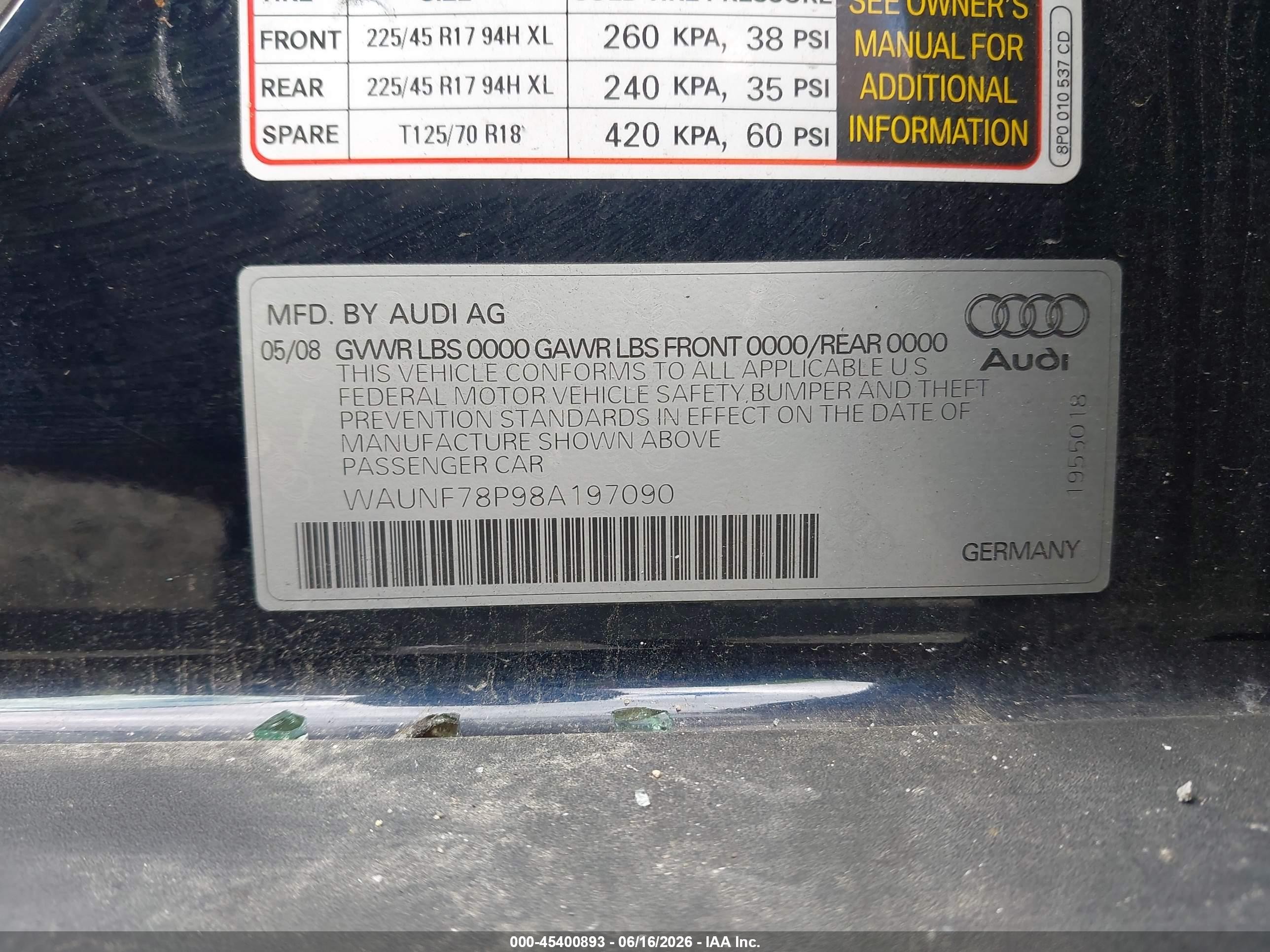 2008 Audi A3 2.0t Dark Blue vin: WAUNF78P98A197090
