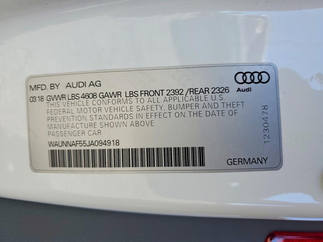 2018 Audi A5 Premium White vin: WAUNNAF55JA094918
