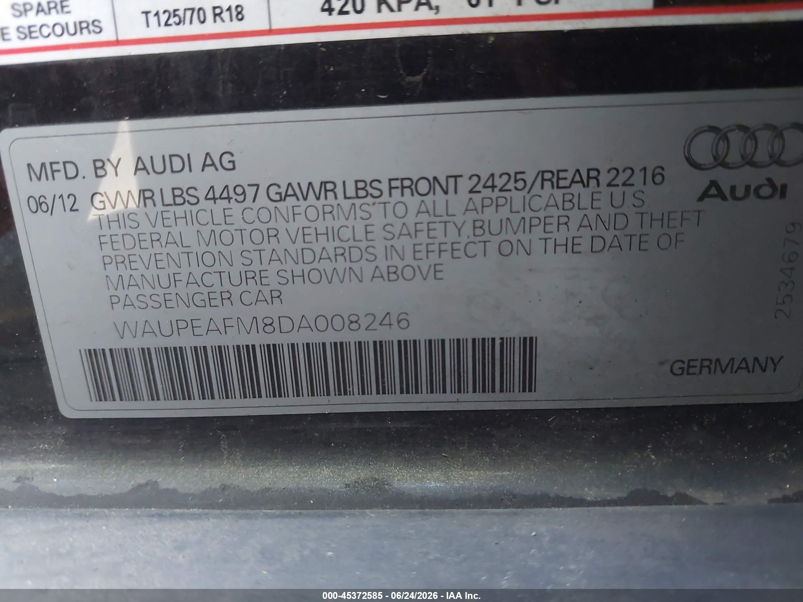 2013 Audi A3 2.0t Premium Black vin: WAUPEAFM8DA008246