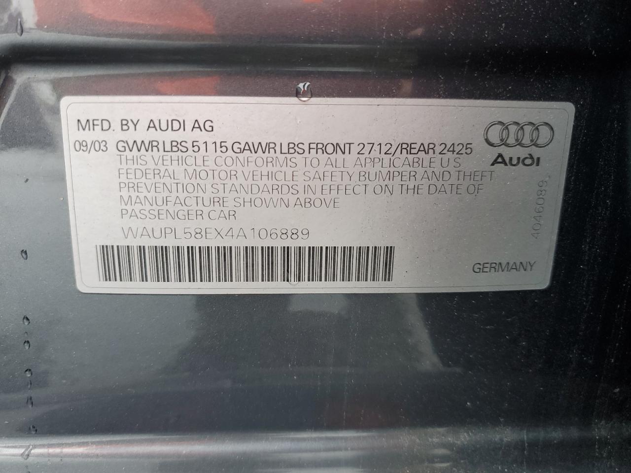 2004 Audi S4    Gray vin: WAUPL58EX4A106889