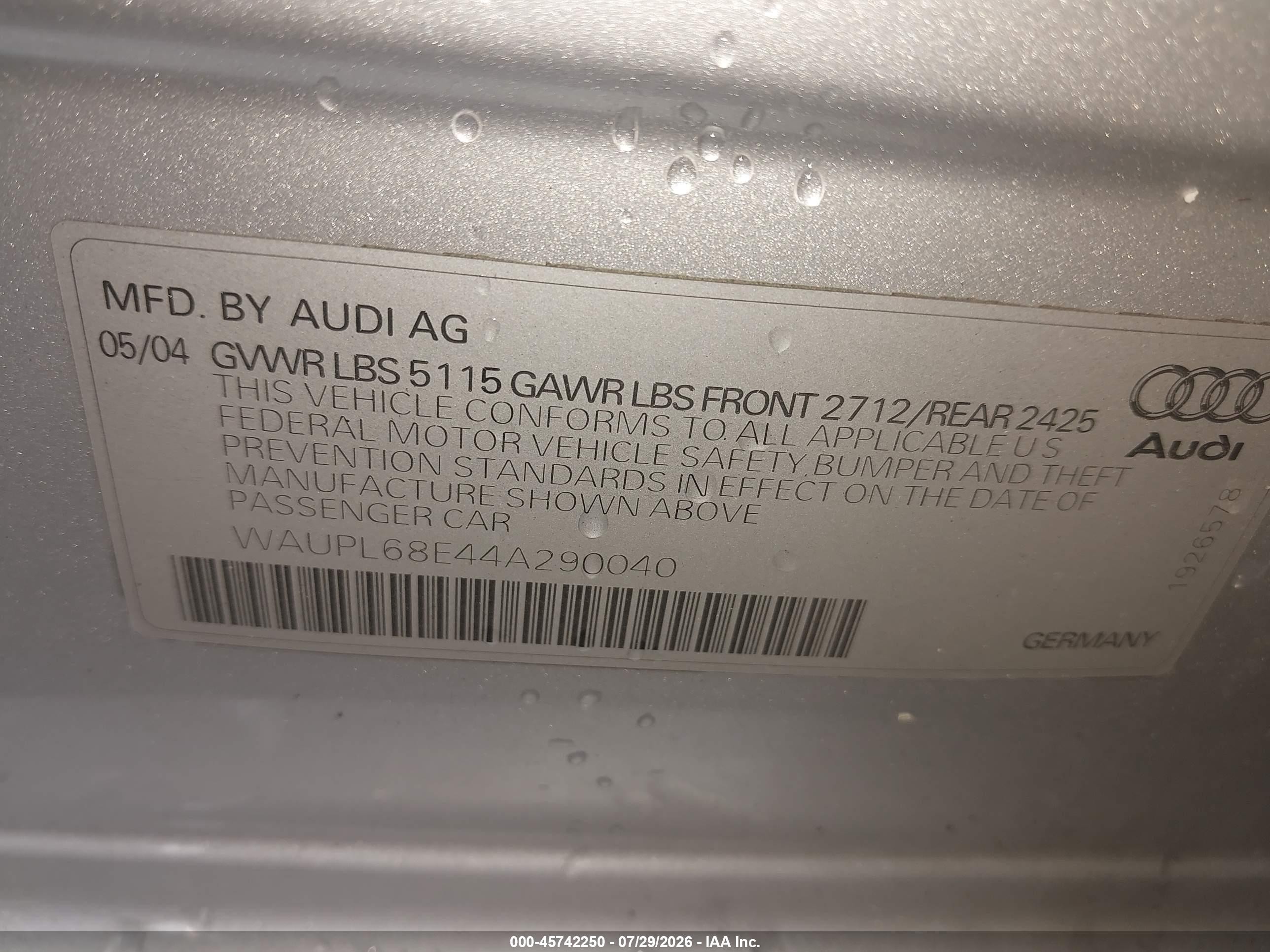 2004 Audi S4 4.2 Silver vin: WAUPL68E44A290040