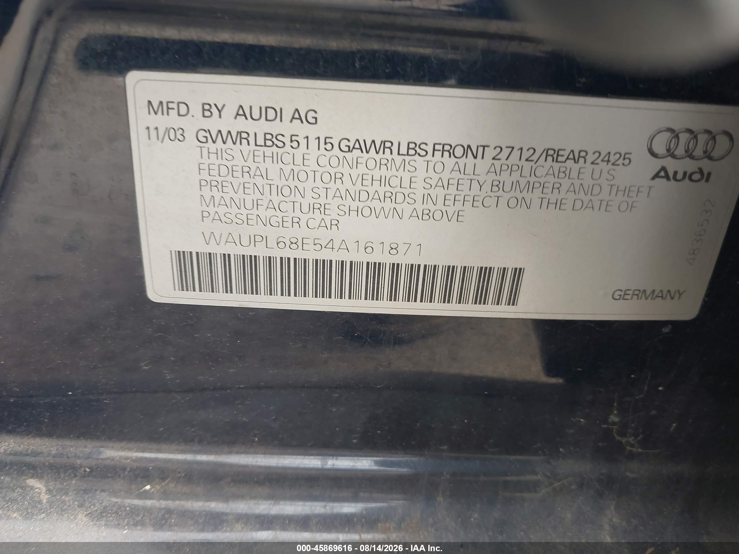 2004 Audi S4 4.2 Blue vin: WAUPL68E54A161871