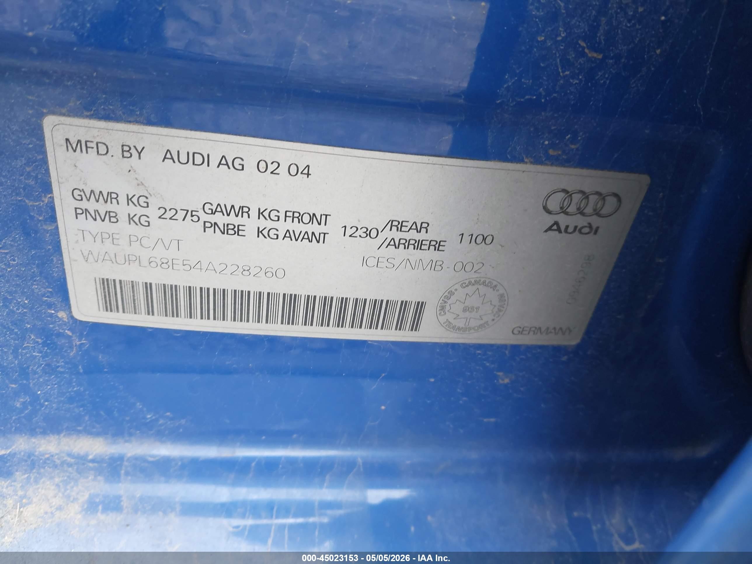 2004 Audi S4 4.2 Blue vin: WAUPL68E54A228260