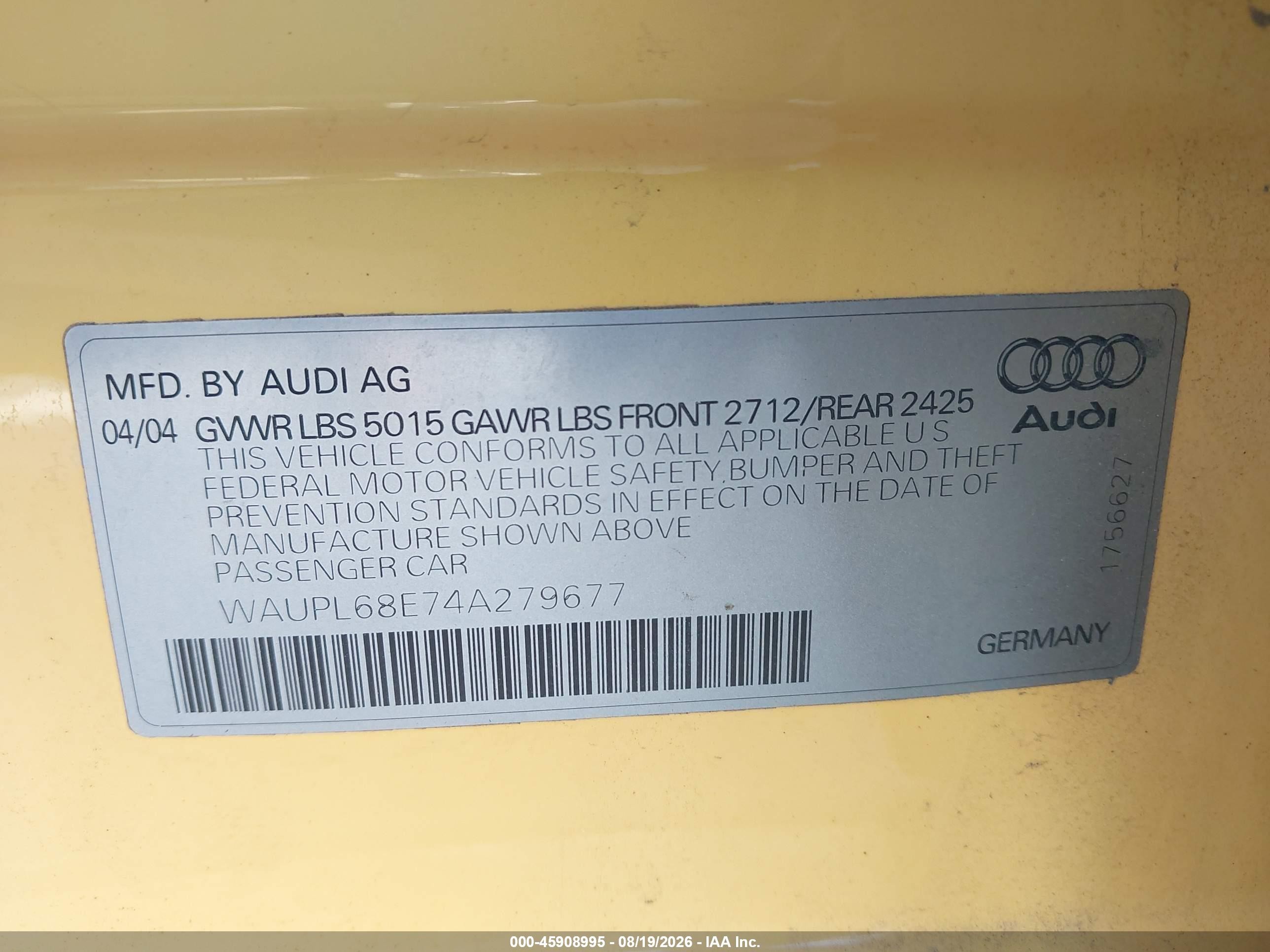 2004 Audi S4 4.2 Yellow vin: WAUPL68E74A279677